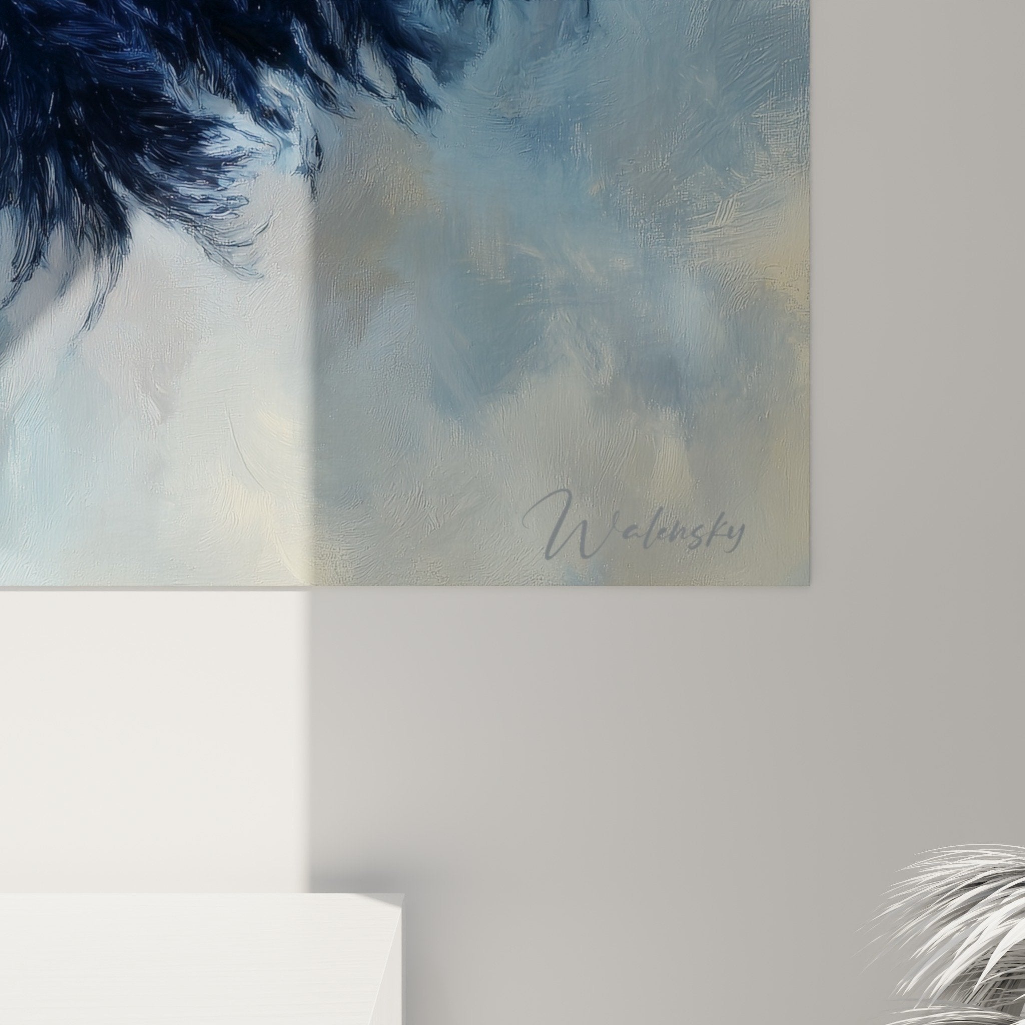 Full view blue and gold feather artwork, elegant natural contemporary style wall decoration