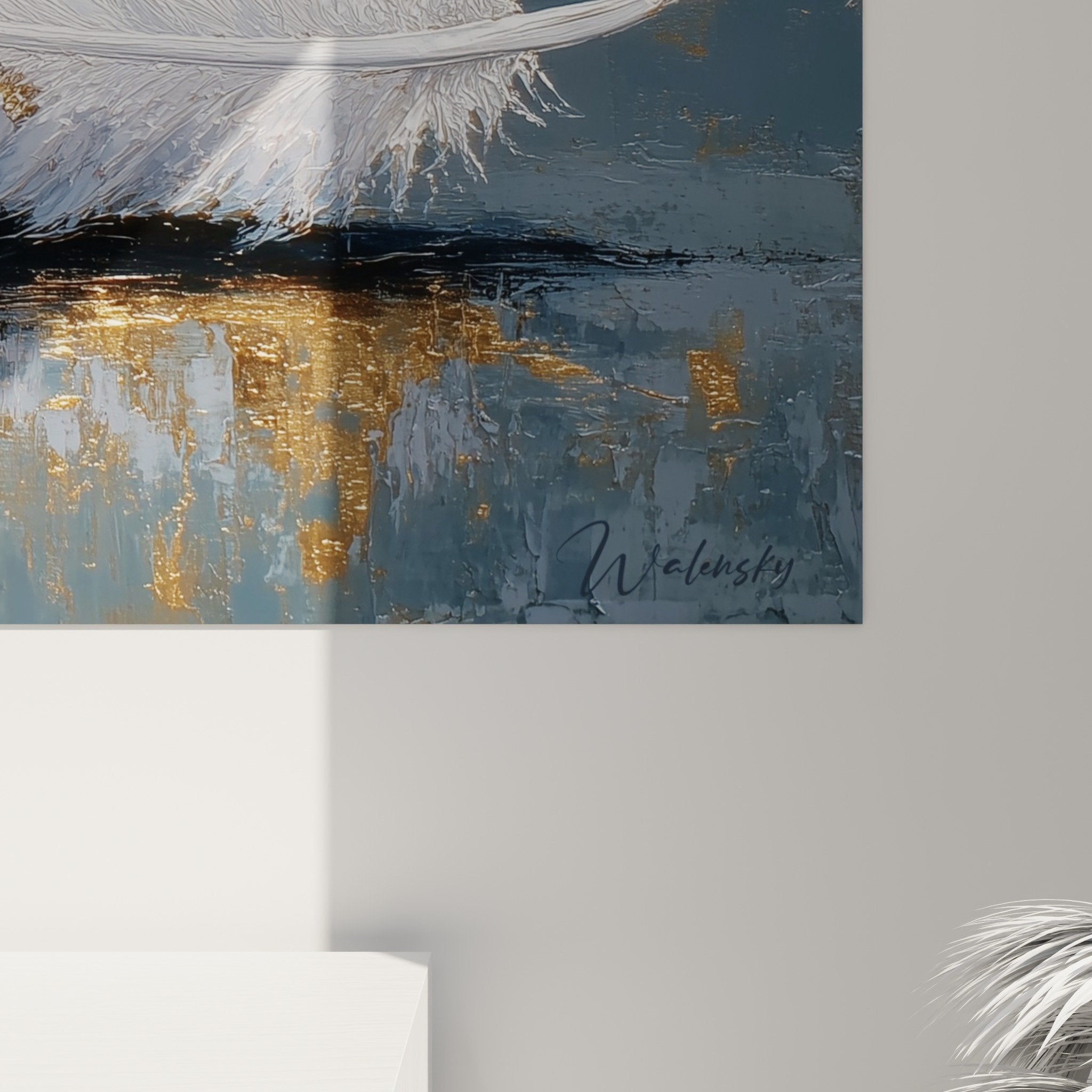 Full view of white feather wall art in modern interior, harmonious contemporary wall decoration integration