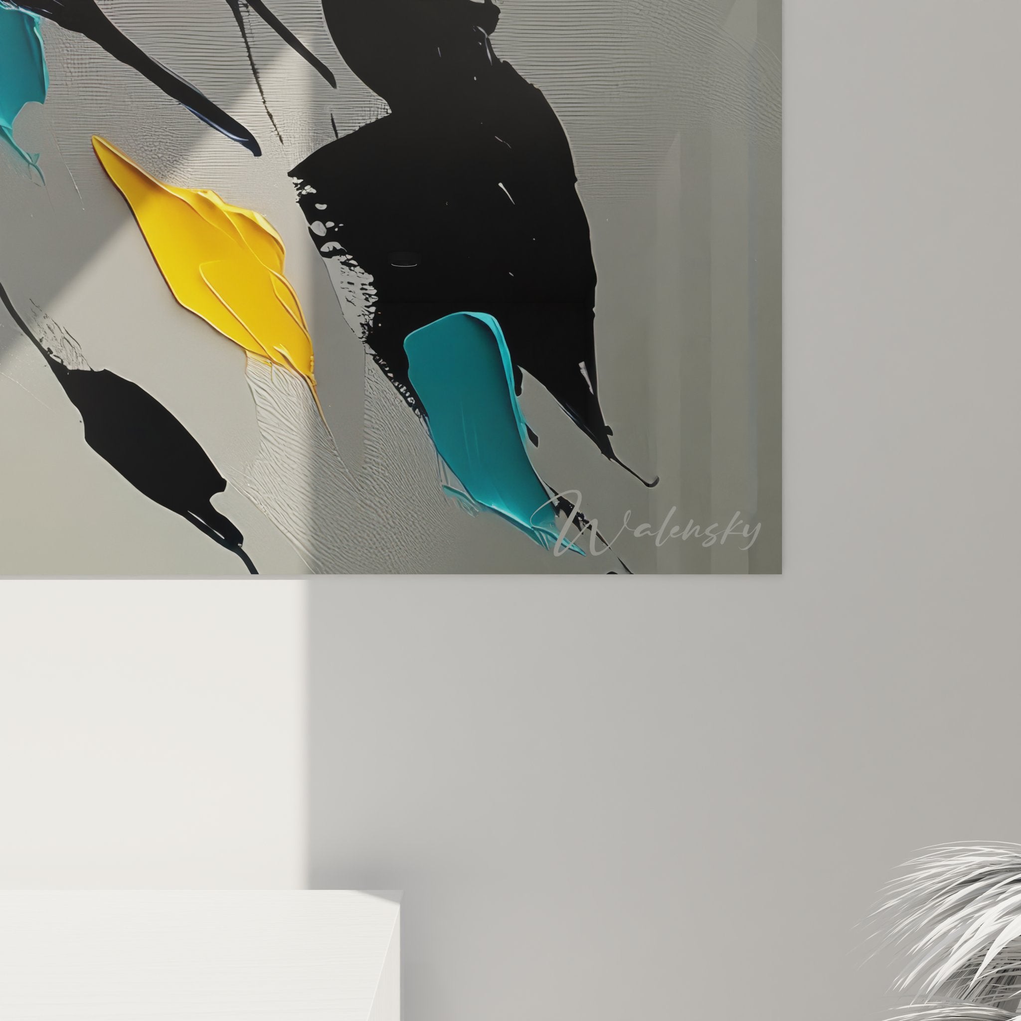 Gesamtansicht abstraktes Federngemälde minimalistisch, farbiges dekoratives Wandkunstwerk