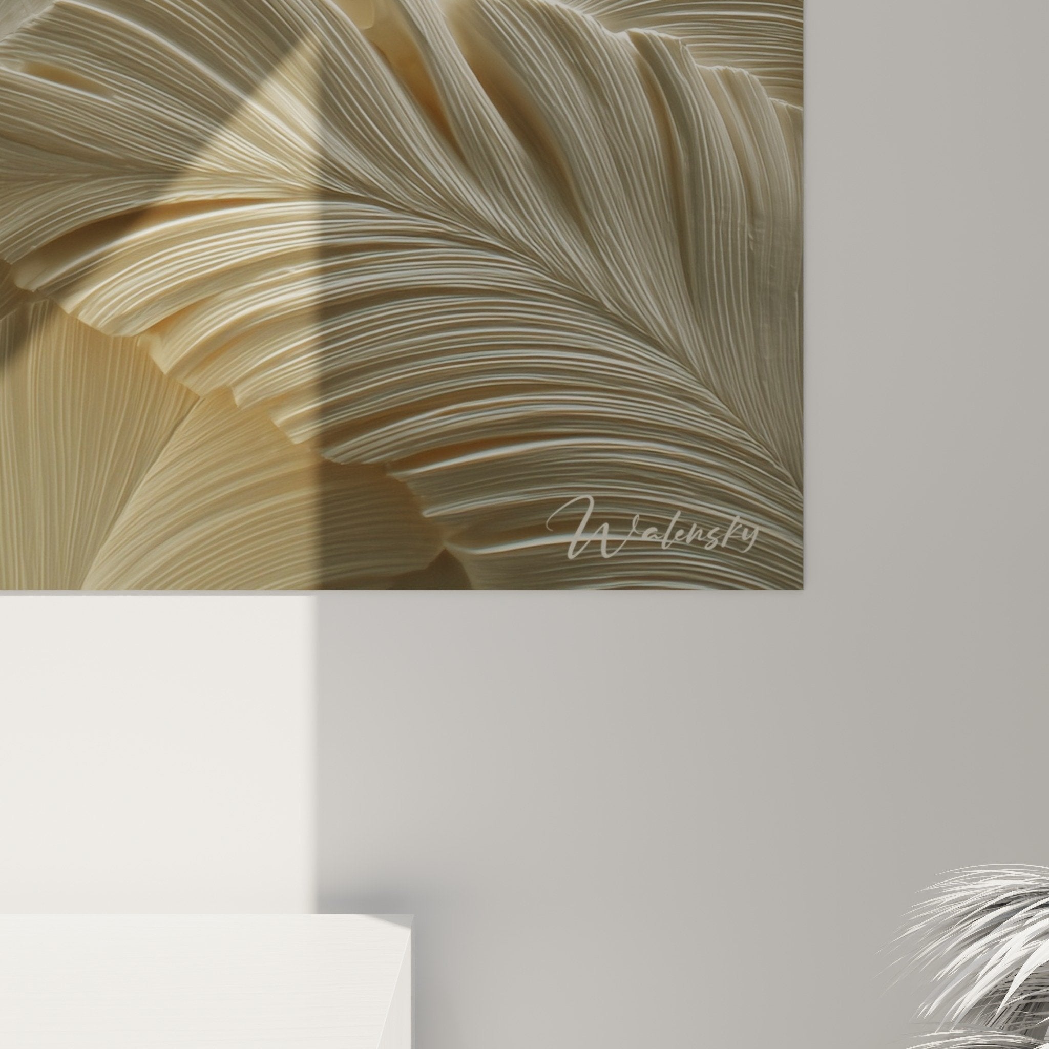 Overview of sculptured feathered canvas with golden relief in luminous ambiance contemporary art interior decoration