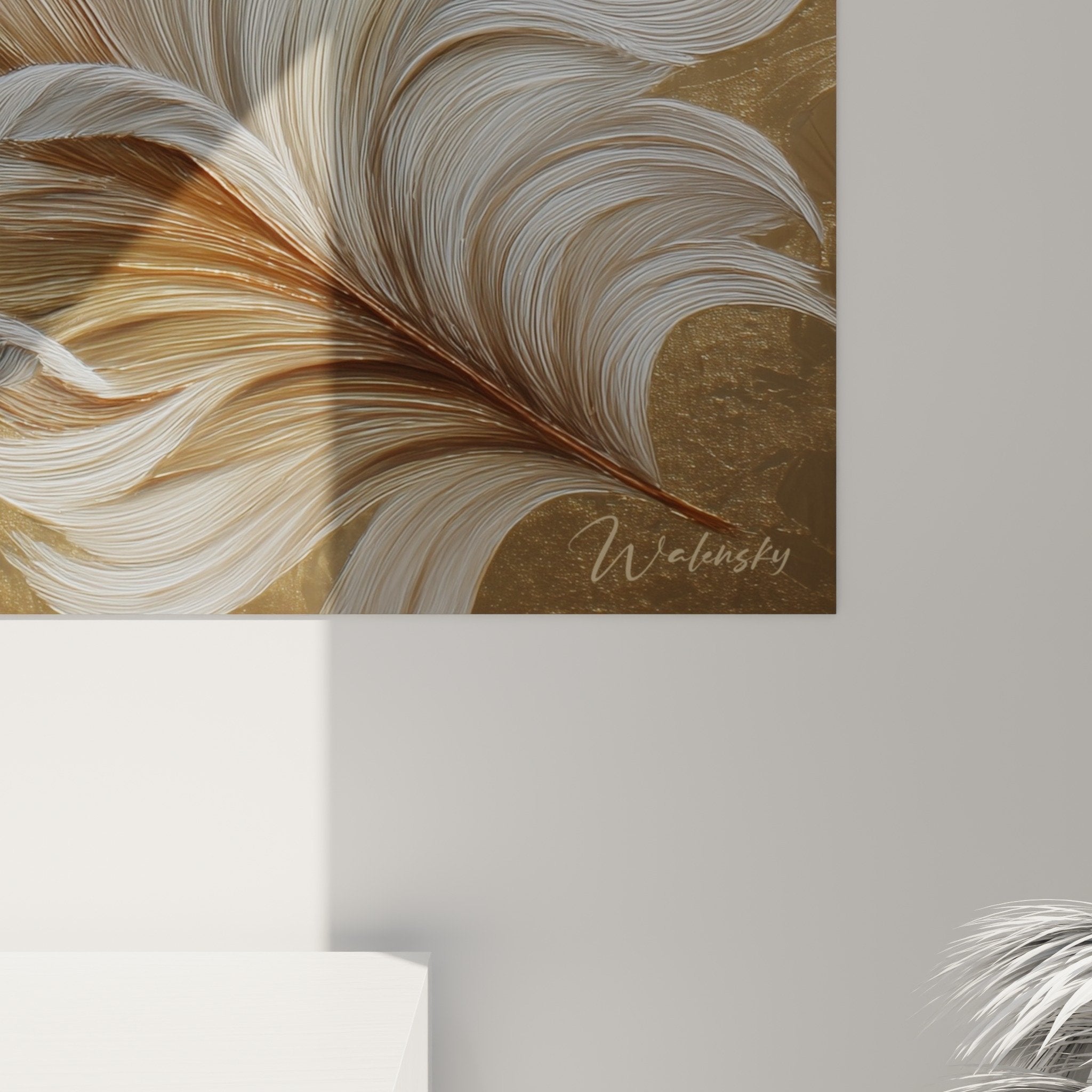 white feathers gold artwork modern living room elegant wall art overview