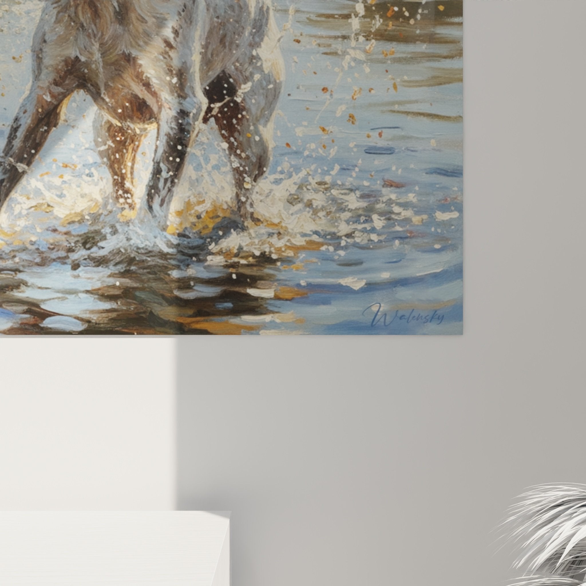 Vista d'insieme del quadro Pointer Inglese acquatico in un interno contemporaneo - Arte murale decorativa