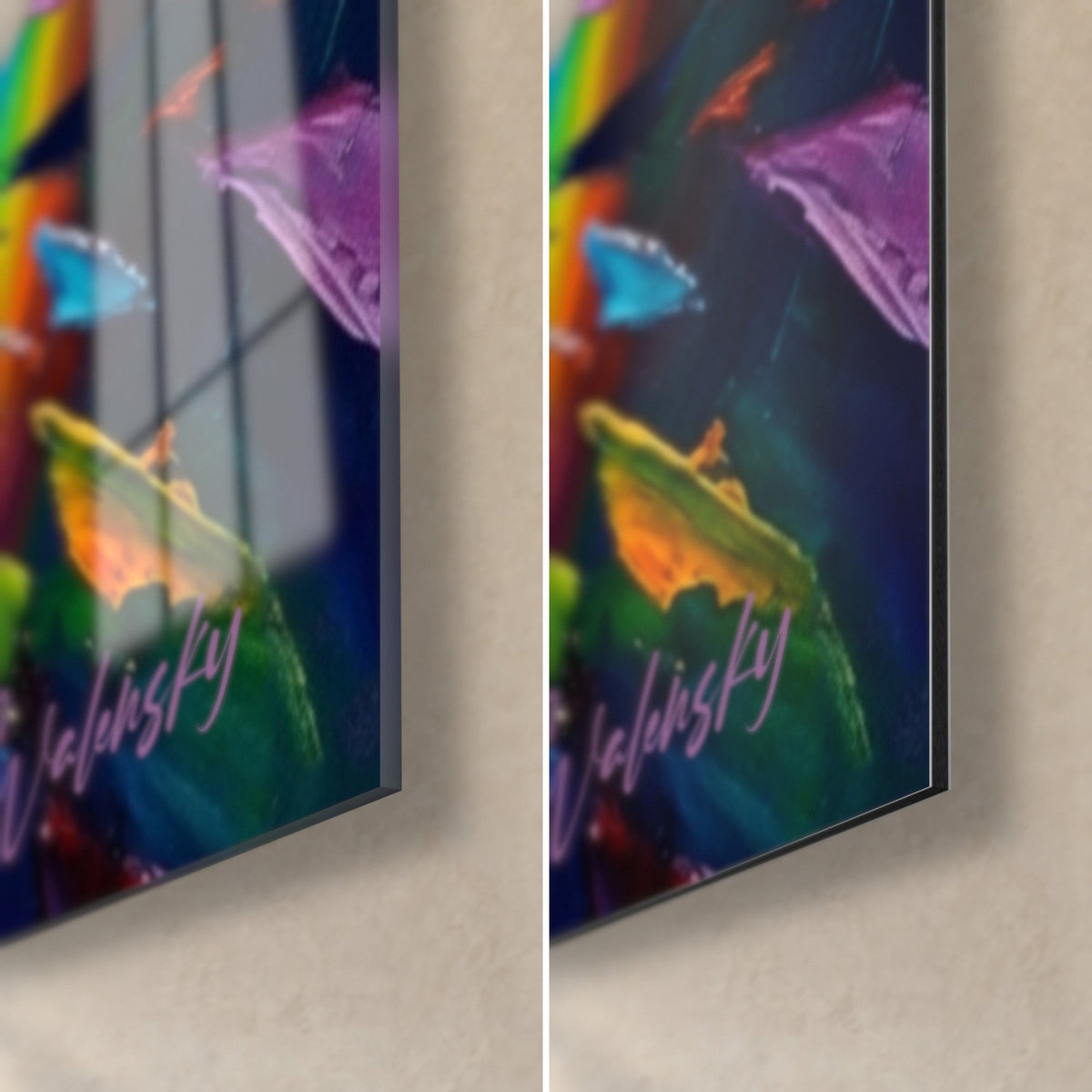 Gemälde Pointer mit bunten Farbspritzern, untere rechte Ecke, glänzendes Acrylglas mit Reflexen links, matte Alu-Dibond-Platte rechts