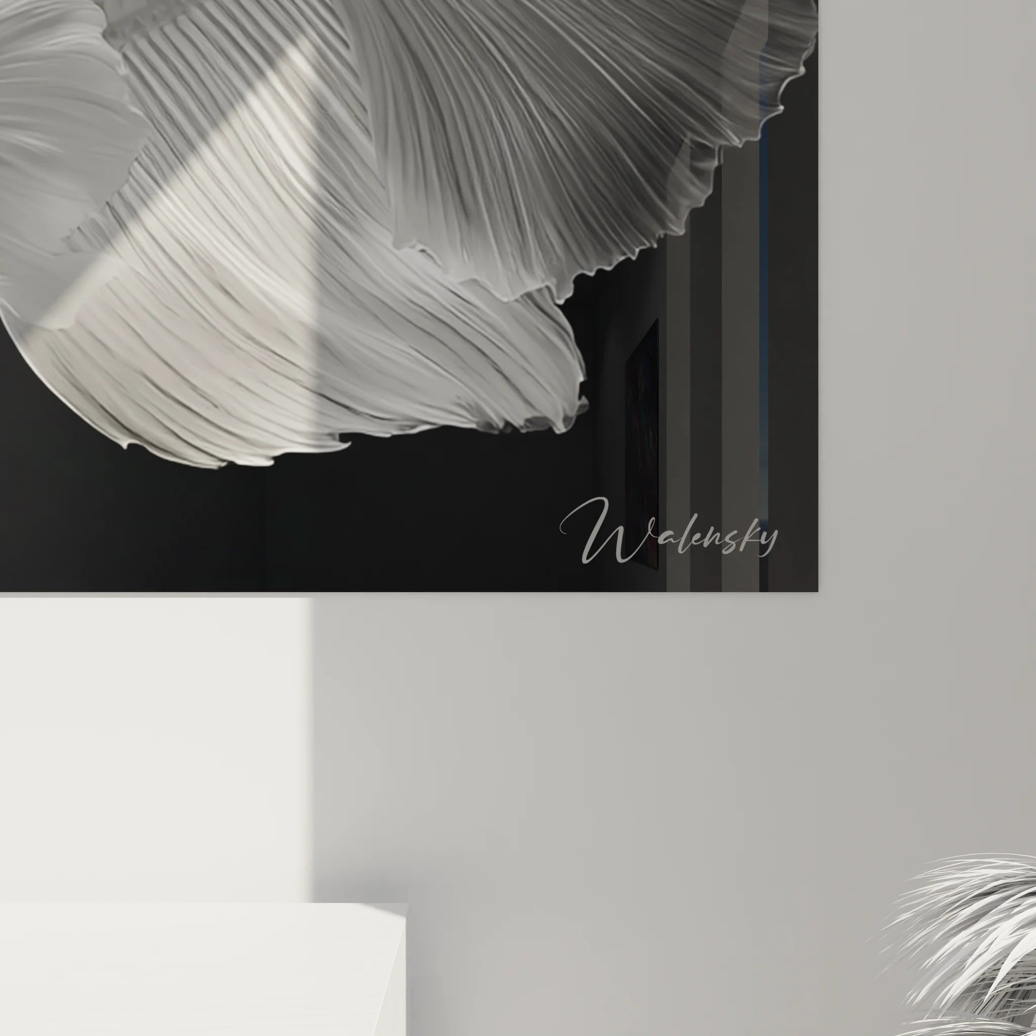 Vue ensemble tableau poissons combattants noir et blanc décoration salon moderne