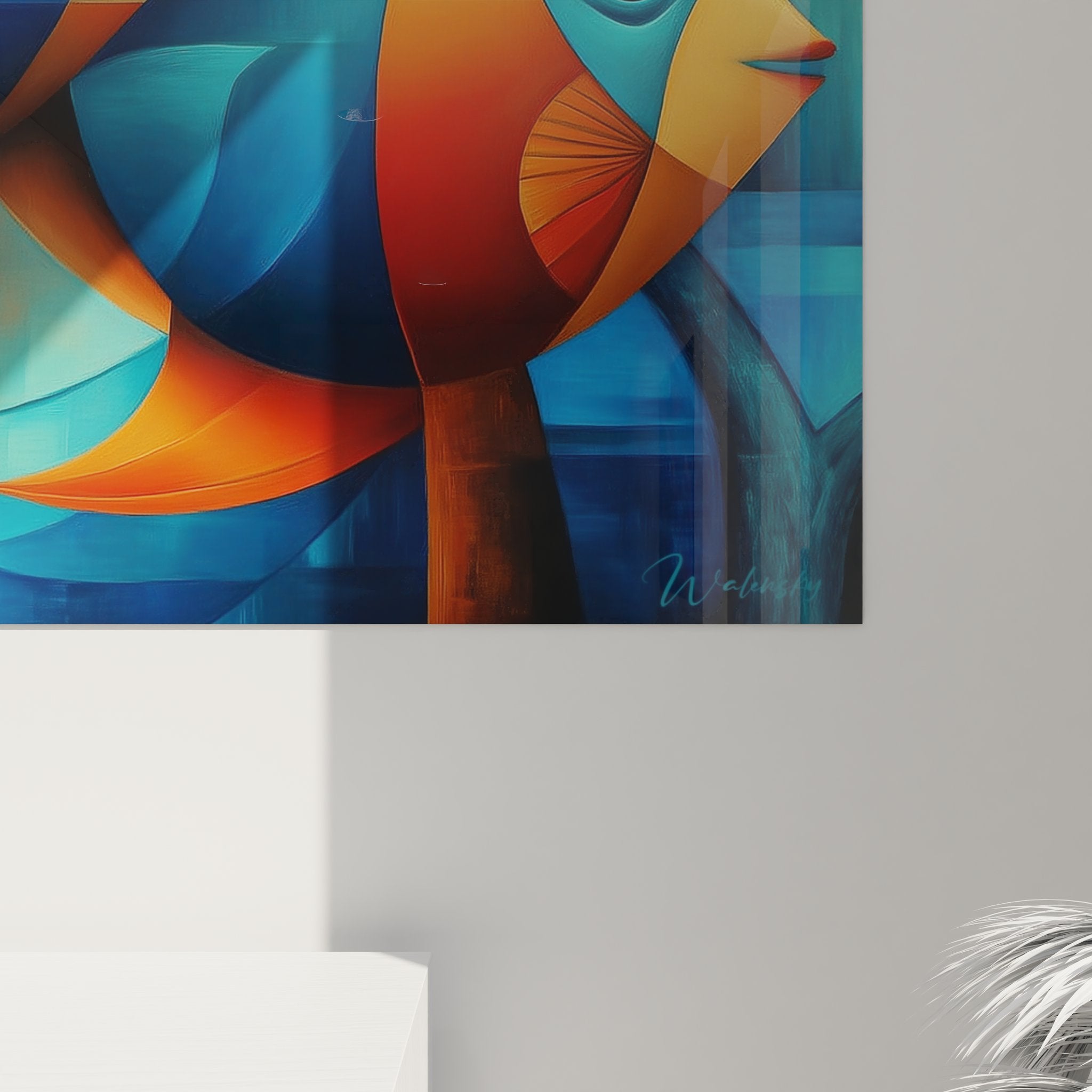 Vue ensemble tableau poissons stylisés art géométrique moderne décoration intérieure design