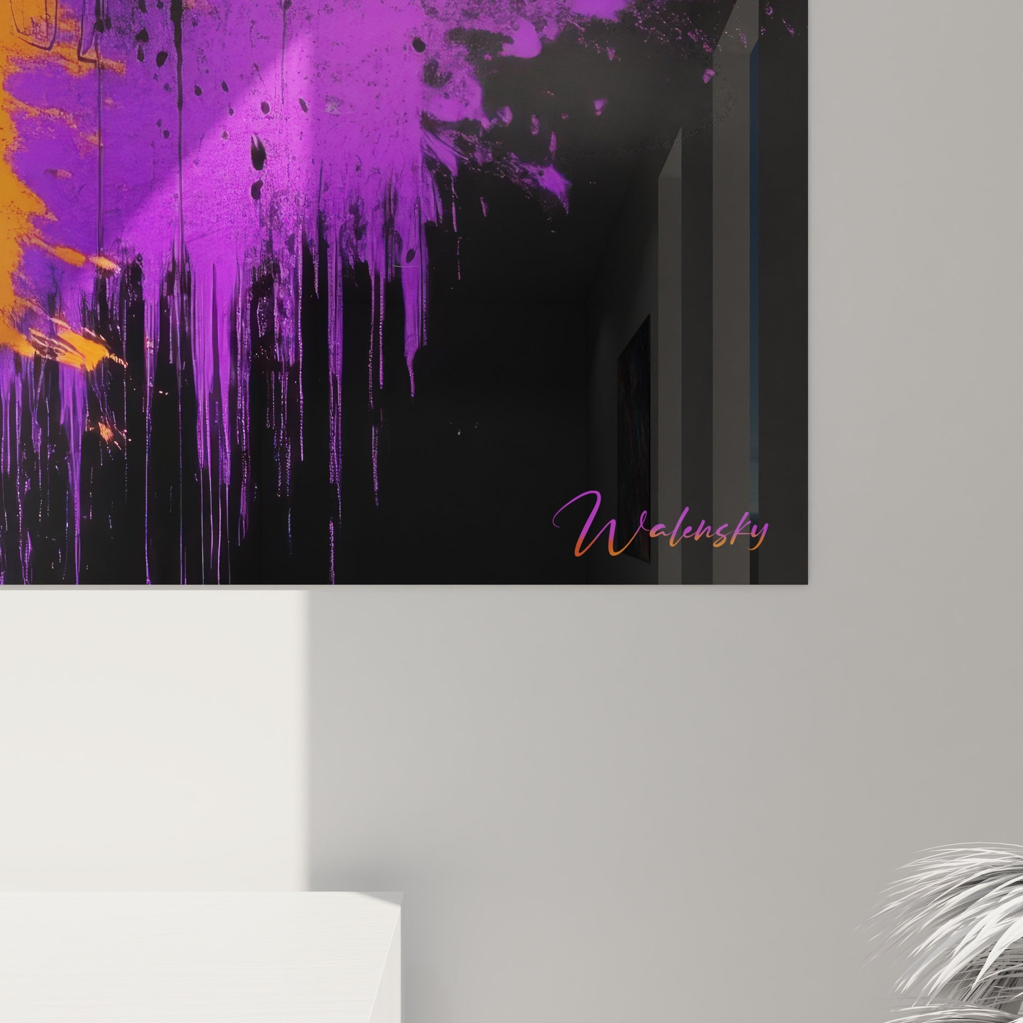 Vue ensemble tableau portrait femme abstrait orange violet art moderne décoration contemporaine murale