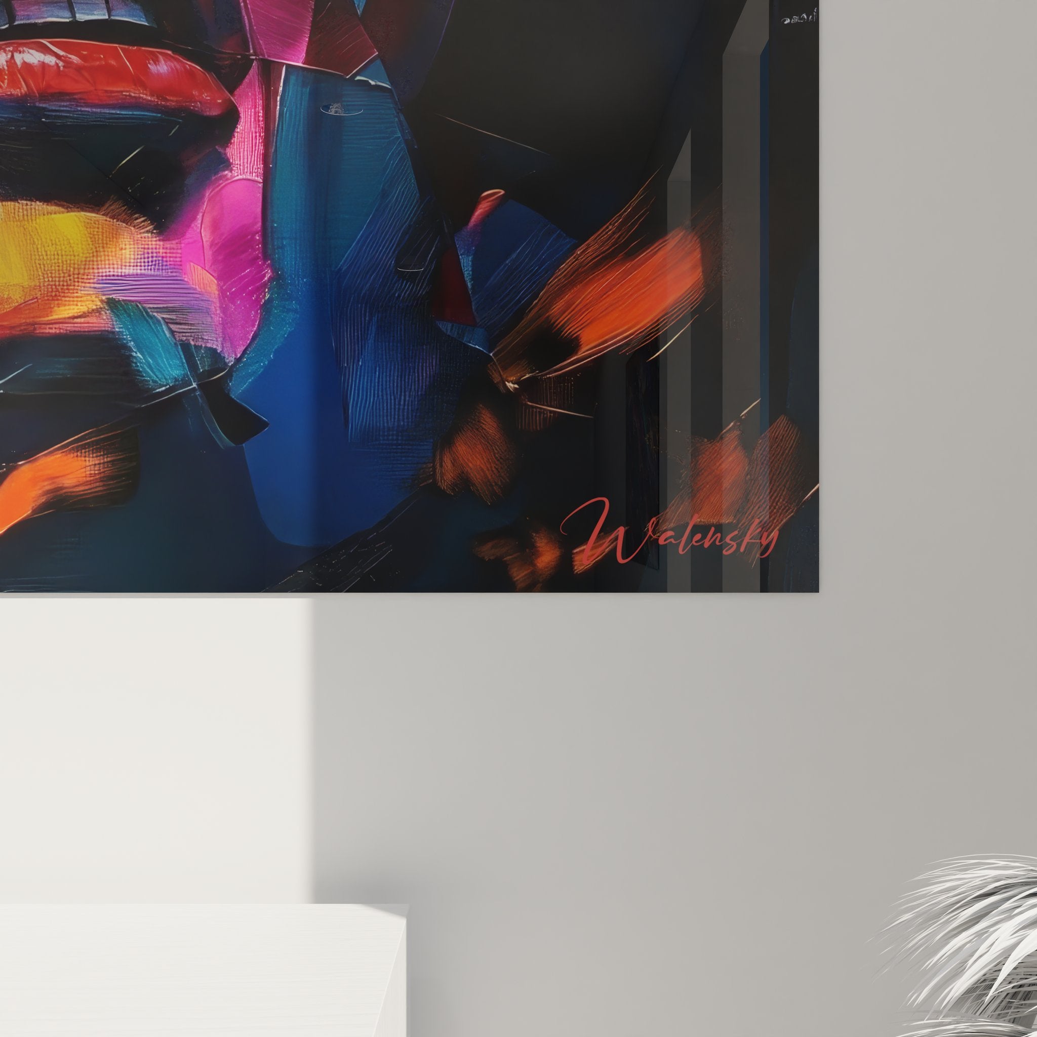 Vue ensemble tableau mural portrait femme abstrait, art contemporain coloré pour décoration intérieure moderne