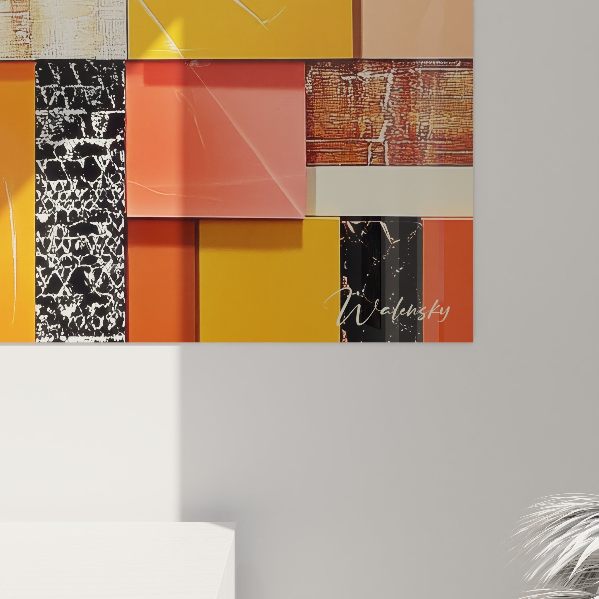 Vue ensemble tableau mural portrait femme géométrique mosaïque décoration moderne figuratif abstrait