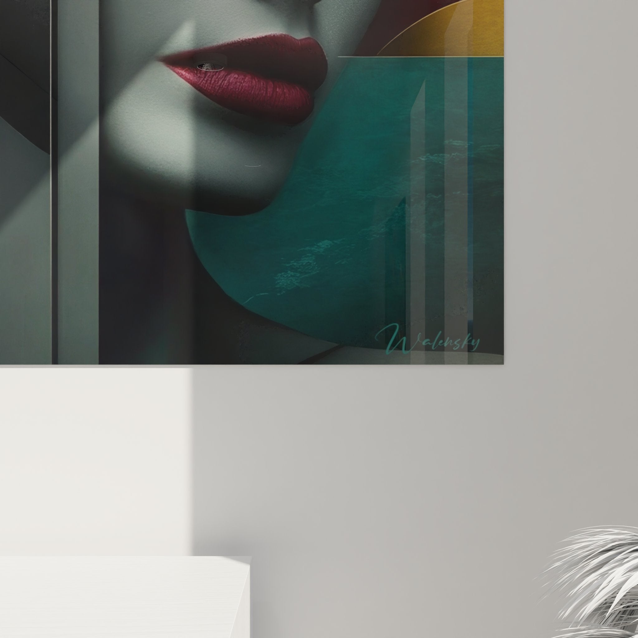 Vue ensemble tableau mural portrait géométrique féminin avec composition abstraite colorée rouge jaune