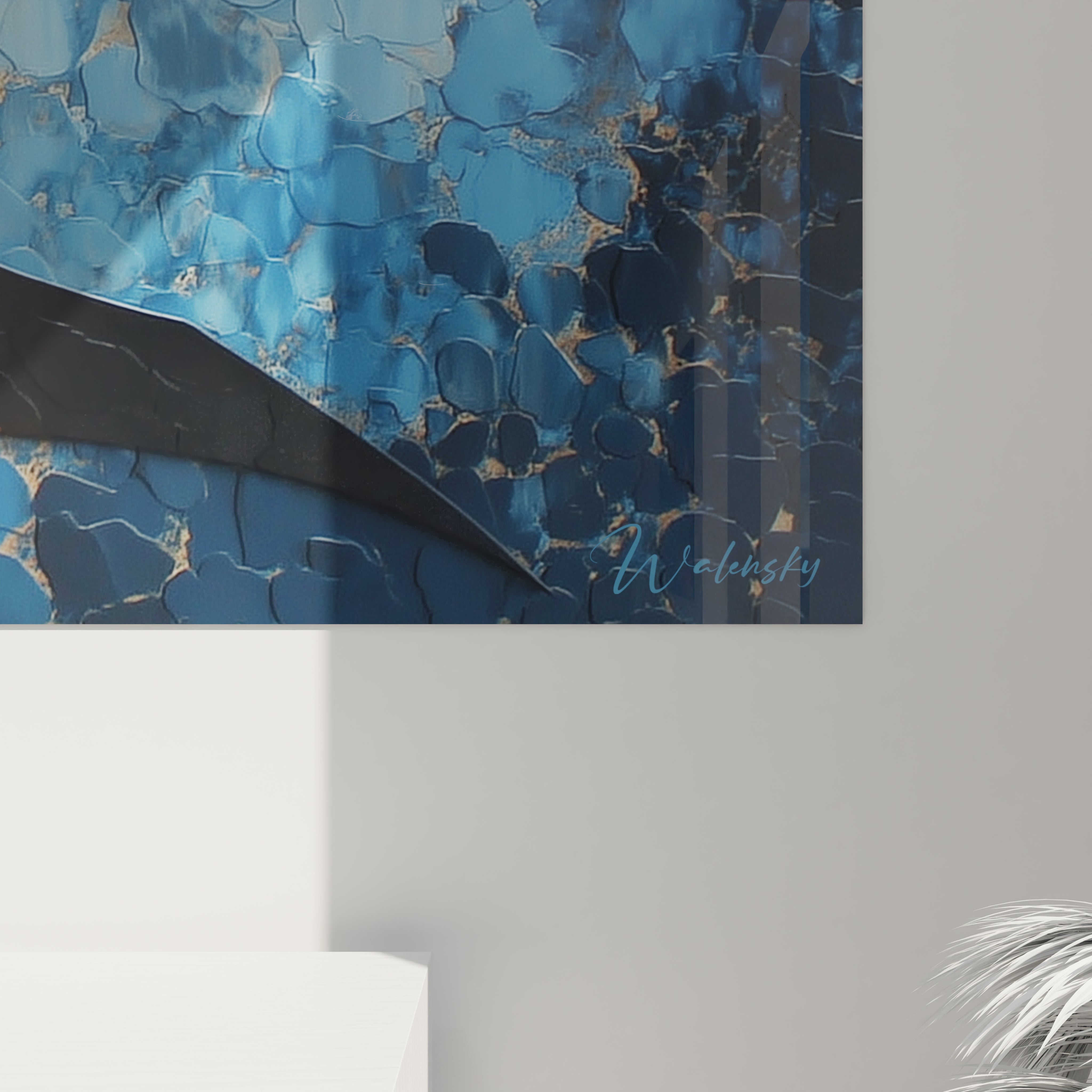 Vue ensemble tableau ptéranodon mural, art décoratif préhistorique bleu doré