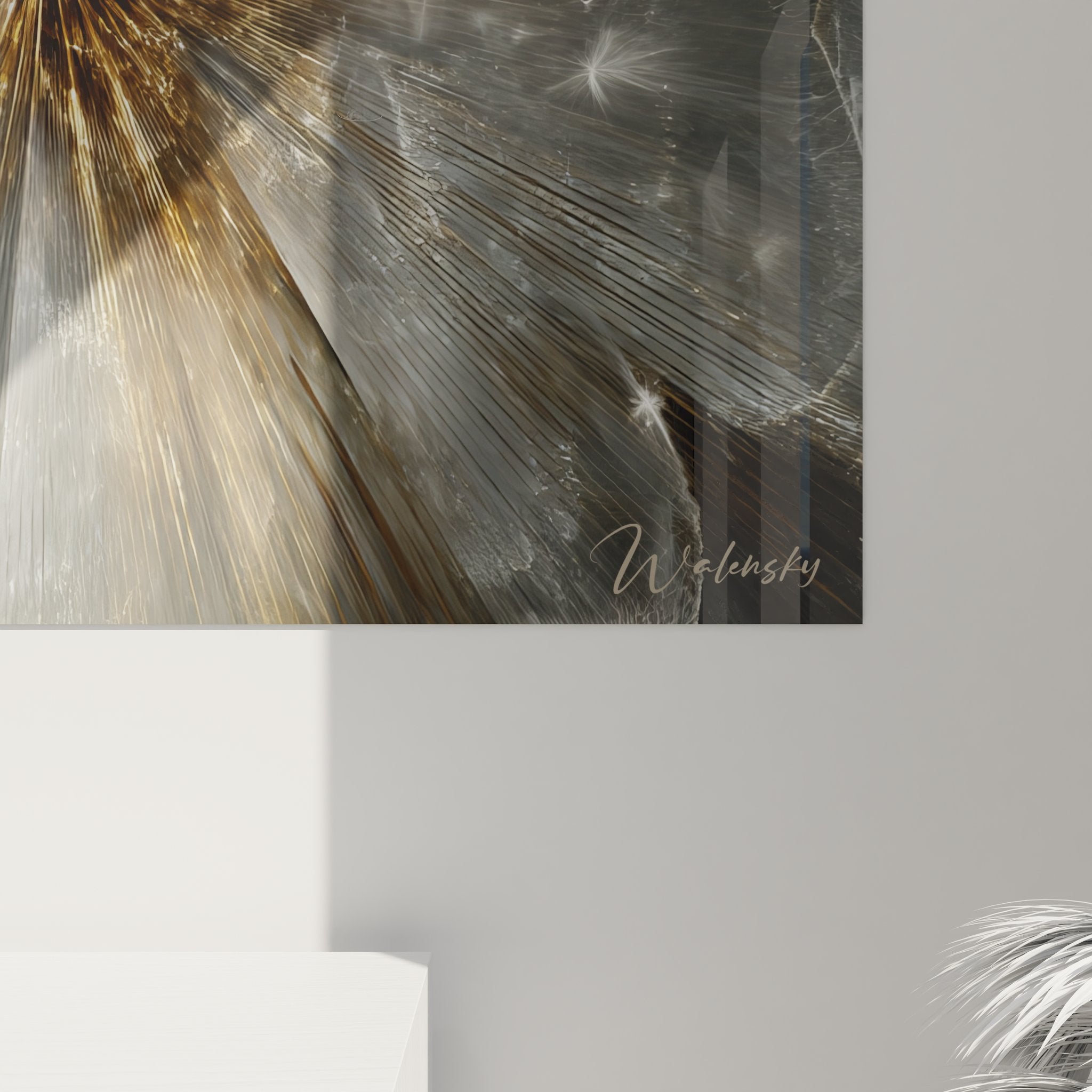 Vue ensemble tableau moderne rayons dorés explosion stellaire art abstrait décoration luxe