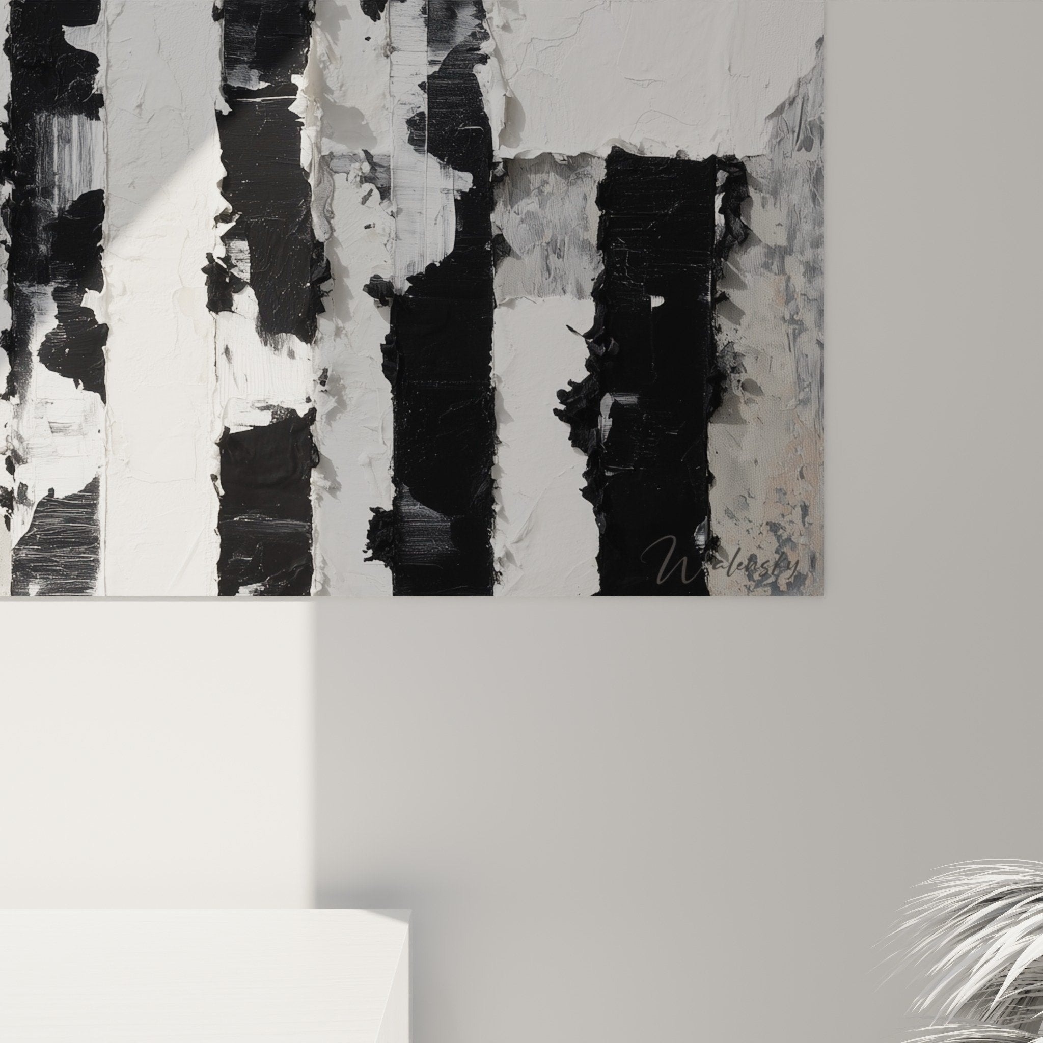 Vue ensemble tableau abstrait rayures verticales noir blanc decoration murale feng shui ouest metal