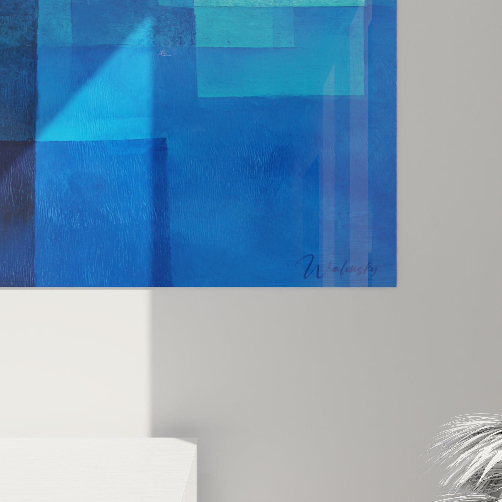 Vue ensemble tableau mural rectangles bleus géométrique abstrait composition moderne complète