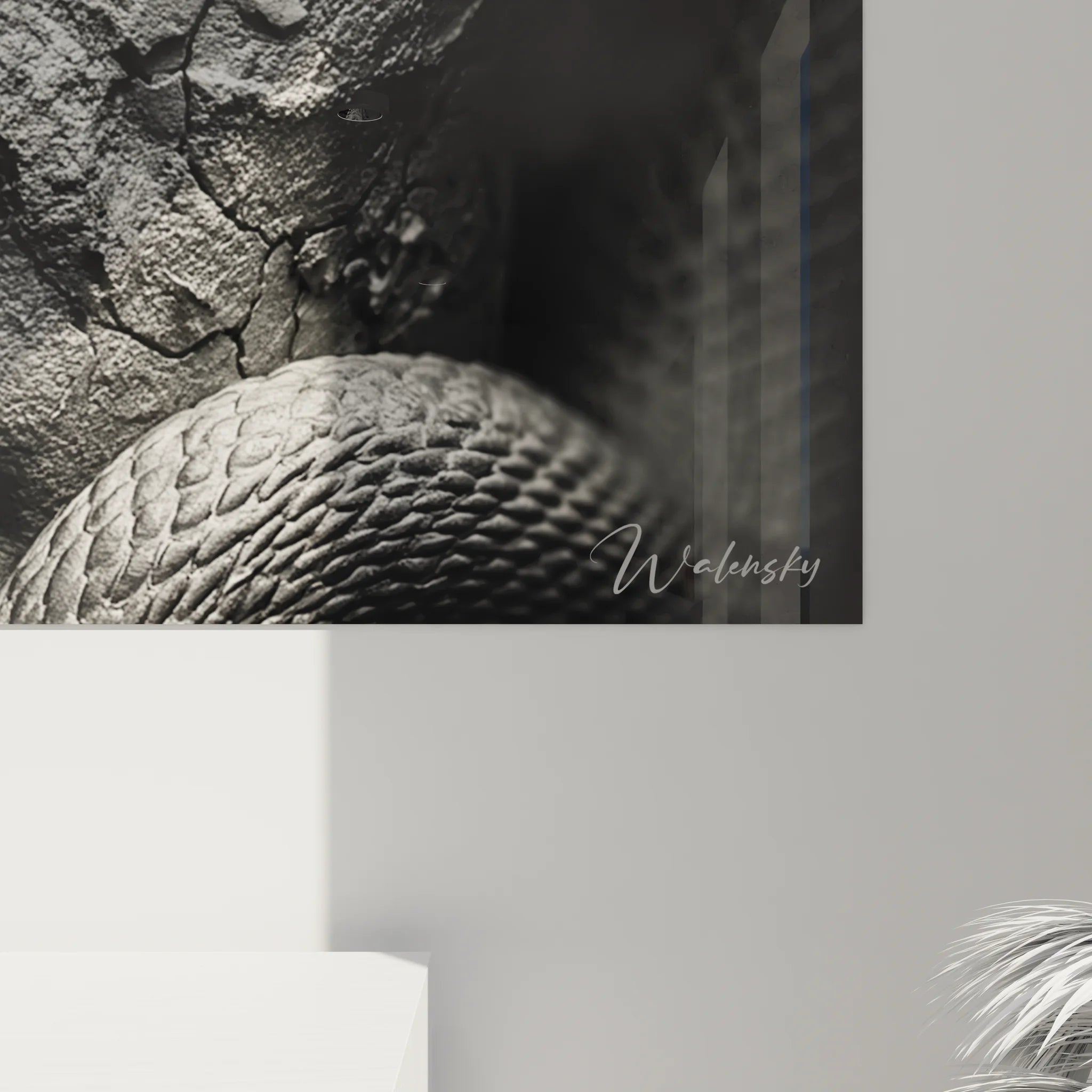 Vue d'ensemble du tableau reptile antique noir et blanc dans un intérieur moderne et élégant