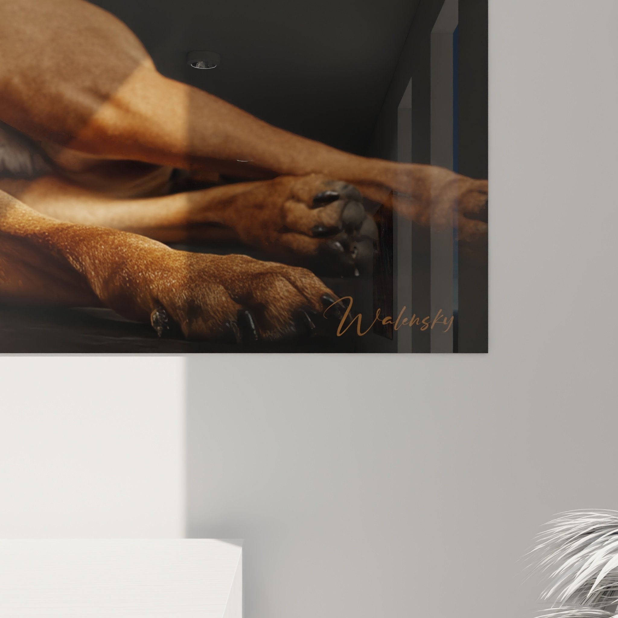 Overview of Rhodesian Ridgeback portrait in contemporary living room with neutral tones