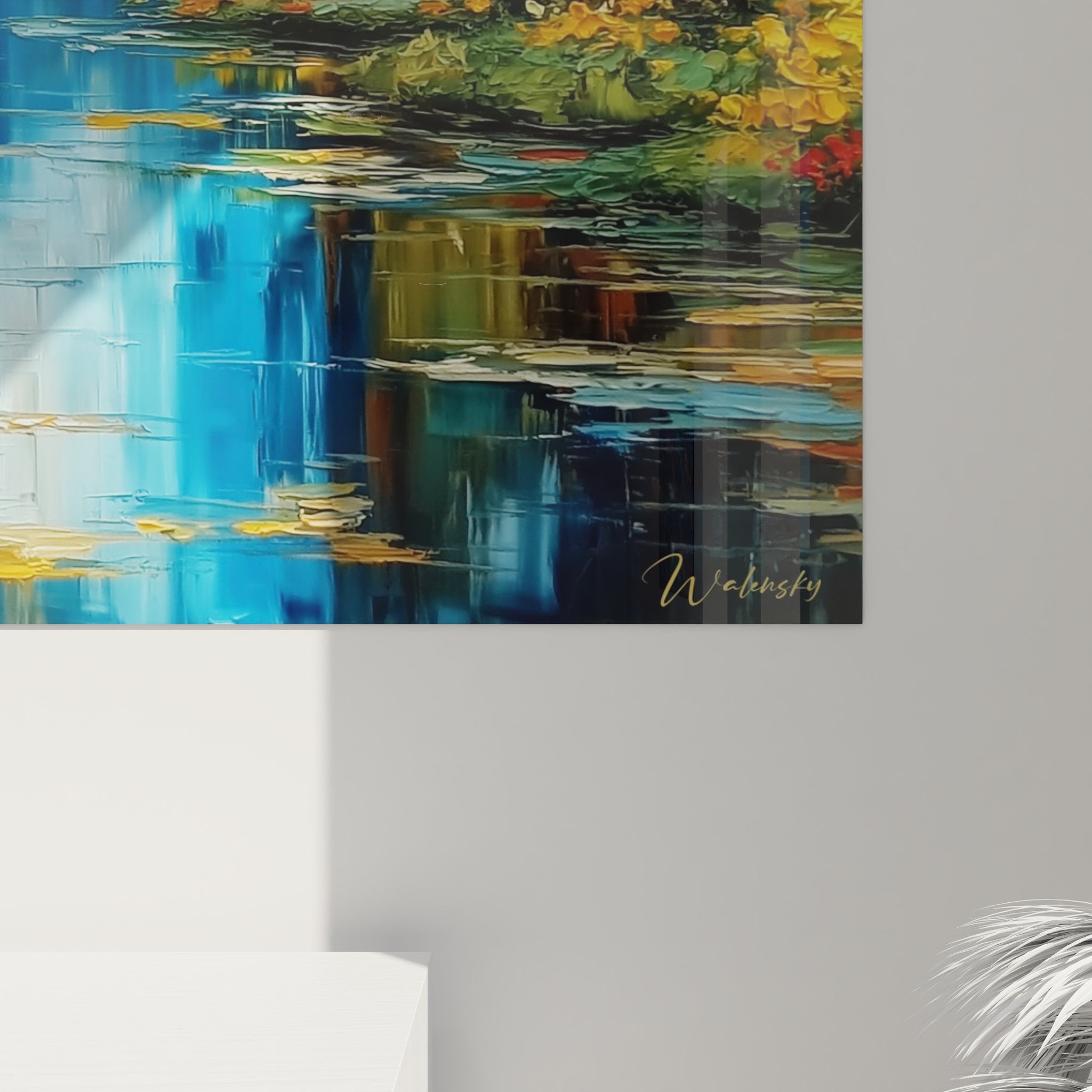 Vue ensemble tableau mural rivière forestière automne décoration intérieur nature couleurs chaudes reflets eau