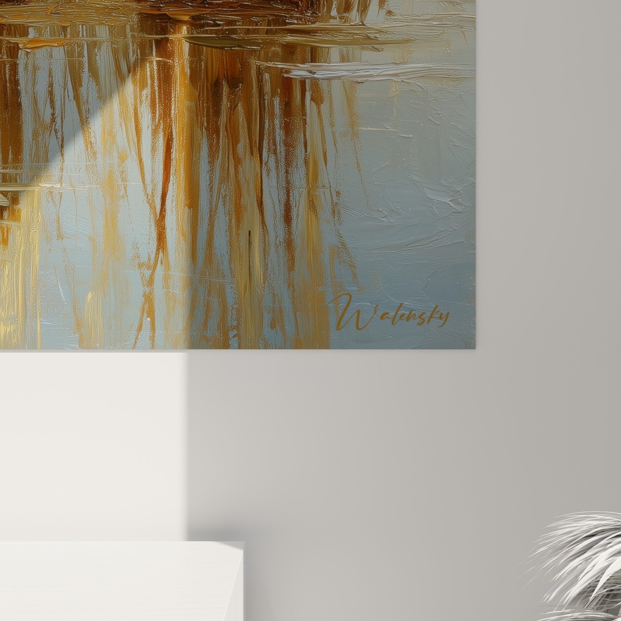 Vue ensemble tableau roseaux dores salon decoration nature tons chauds ambiance zen graminées marécages