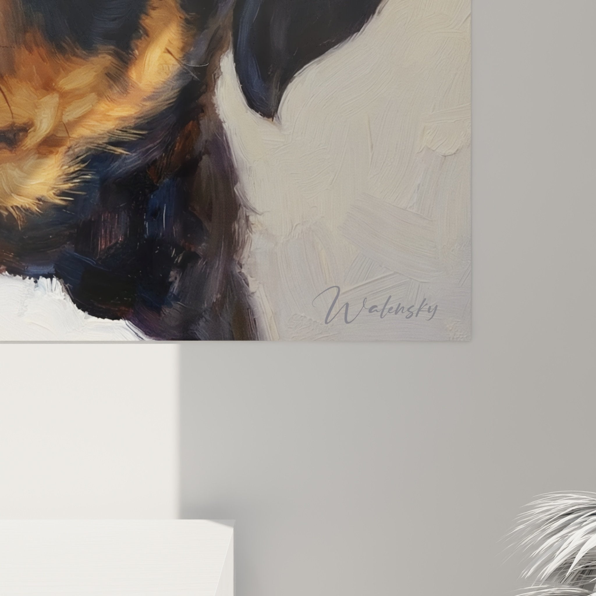 Vue ensemble tableau Rottweiler chiots neige salon déco murale tons chauds ambiance familiale