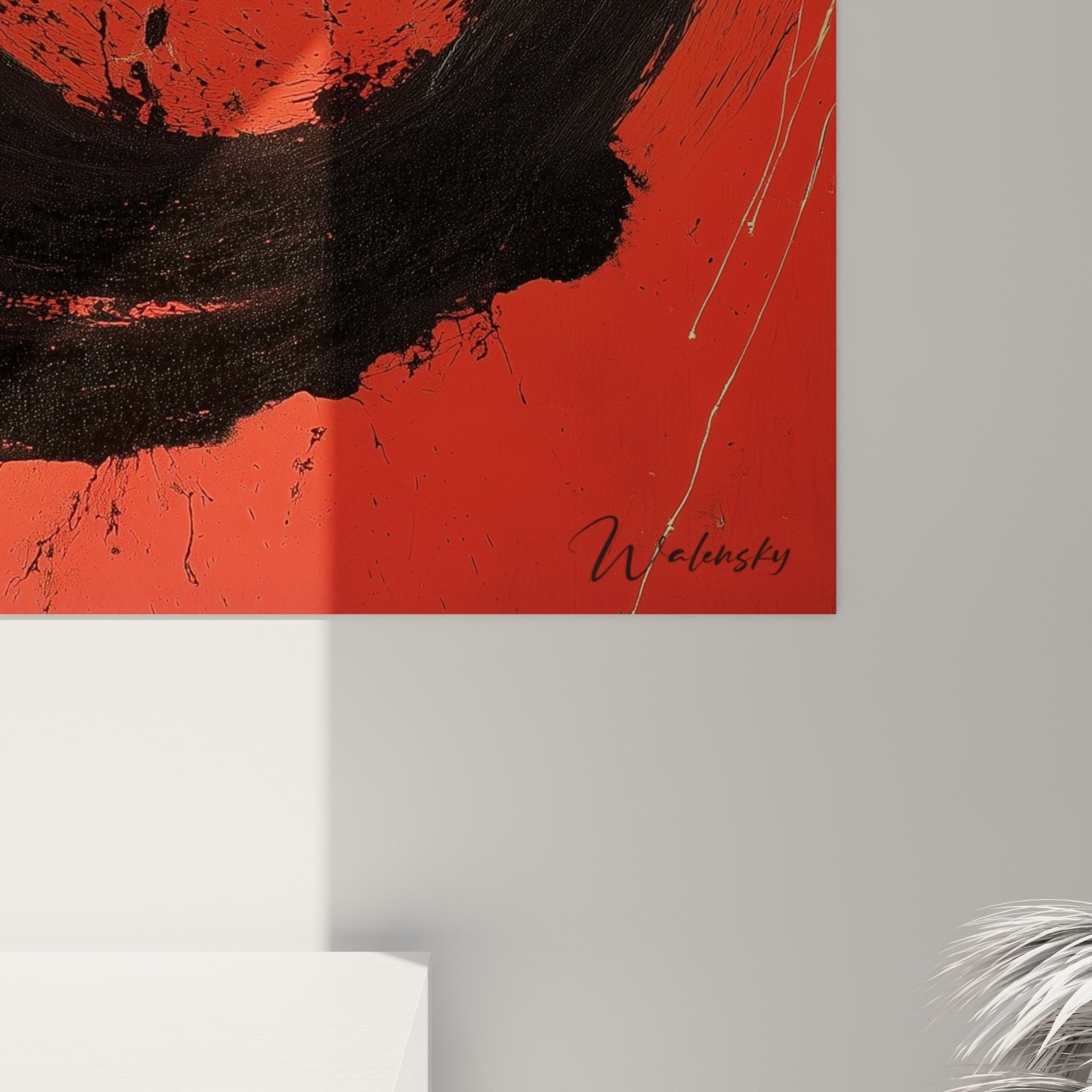 Overview of abstract red artwork hanging on wall, contemporary interior decoration