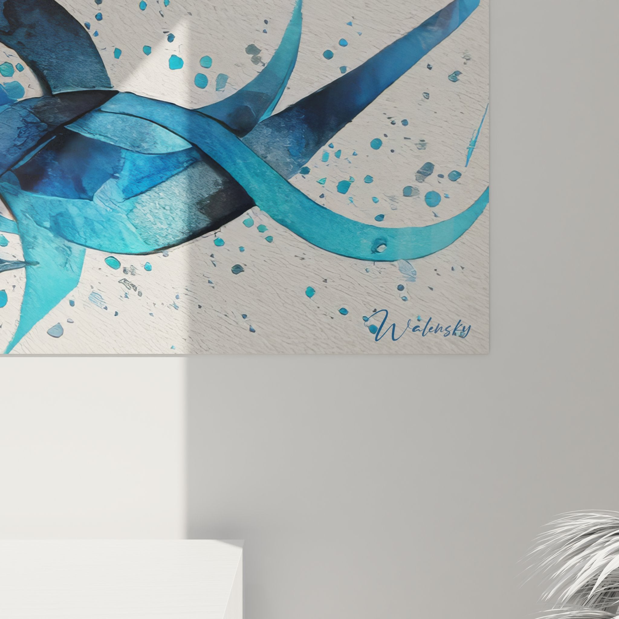 Vue d'ensemble tableau rubans fluides bleus, composition complète art abstrait mural décoratif