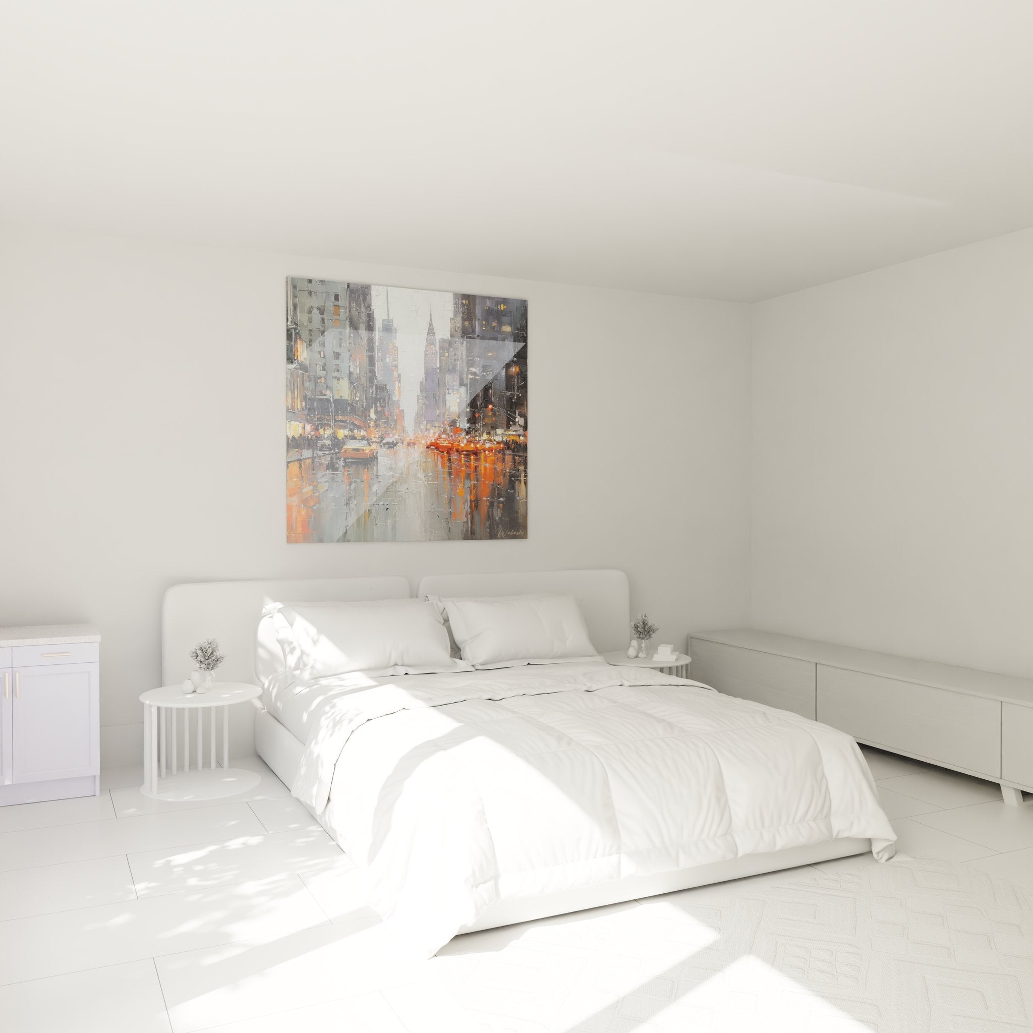 Vue d'ensemble tableau rue new-yorkaise pluvieuse avec gratte-ciel et circulation urbaine