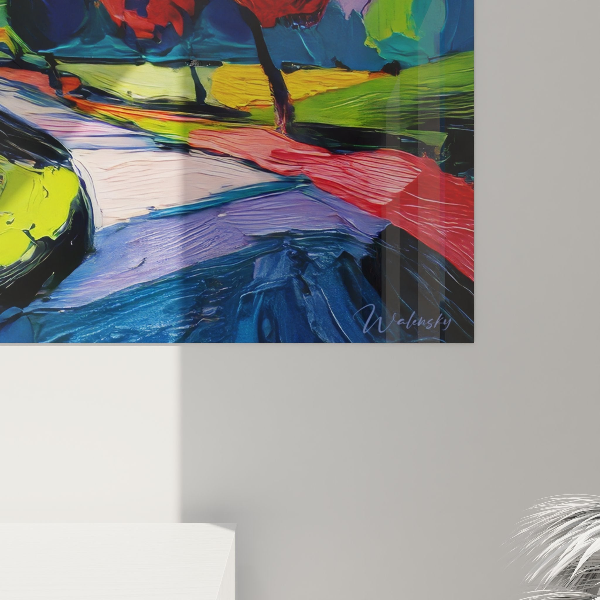 Vue d'ensemble tableau campagne coloré, composition paysage rural avec chemin et cyprès méditerranéens