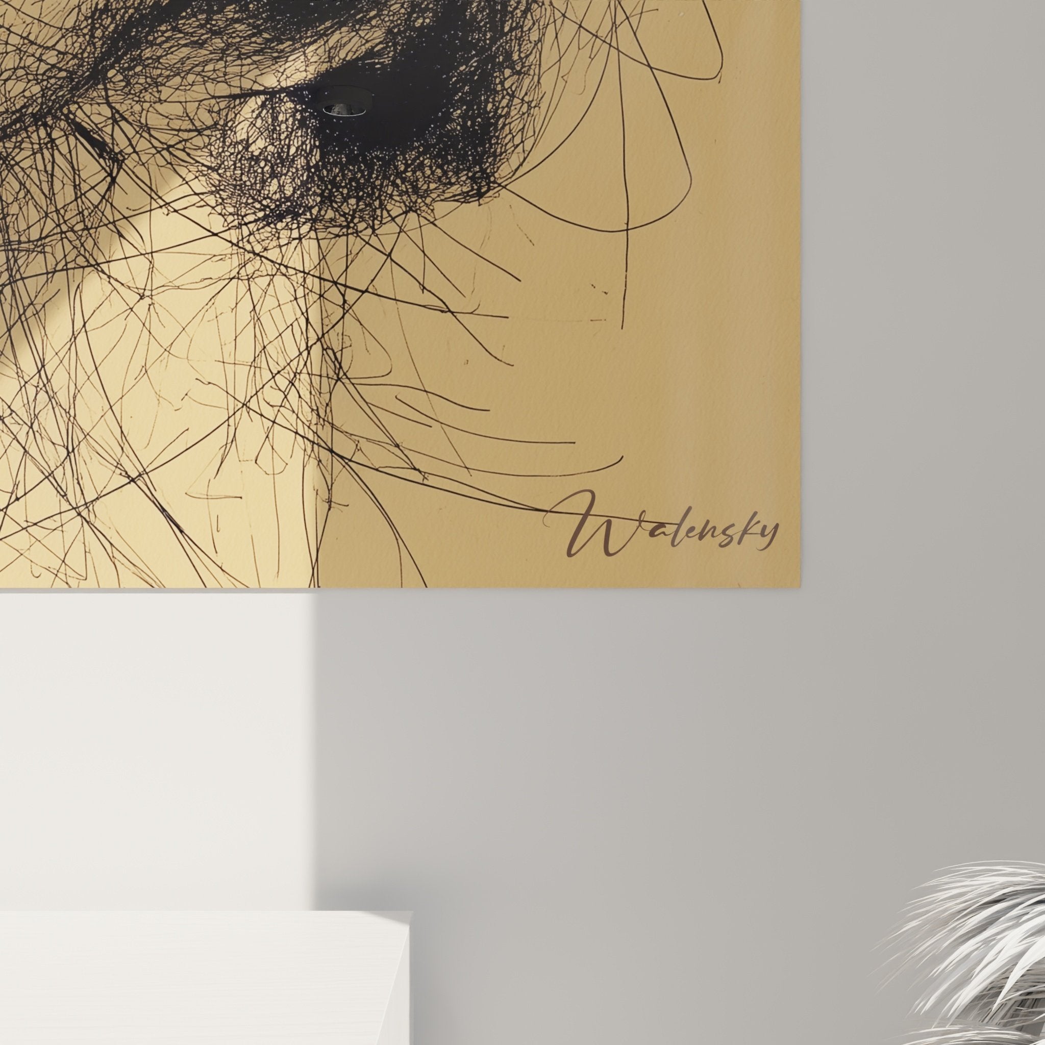 Vue d'ensemble tableau Saint Bernard, art mural portrait canin esquisse, tons chauds ocre et beige