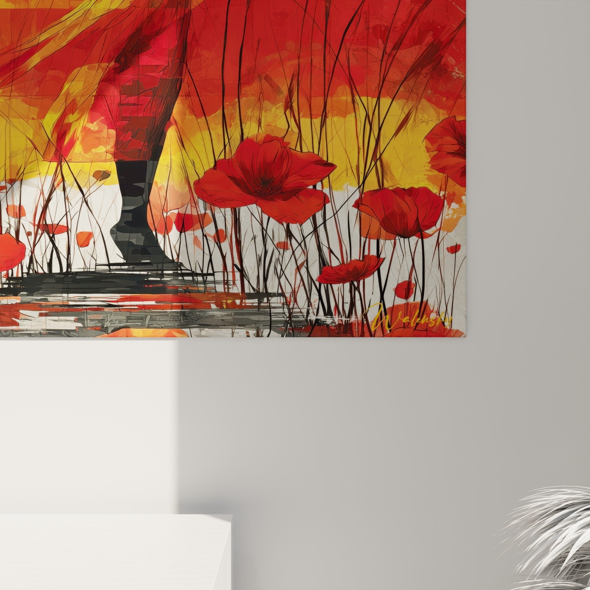 Vue ensemble tableau mural salon decoration art contemporain silhouette feminine soleil orange