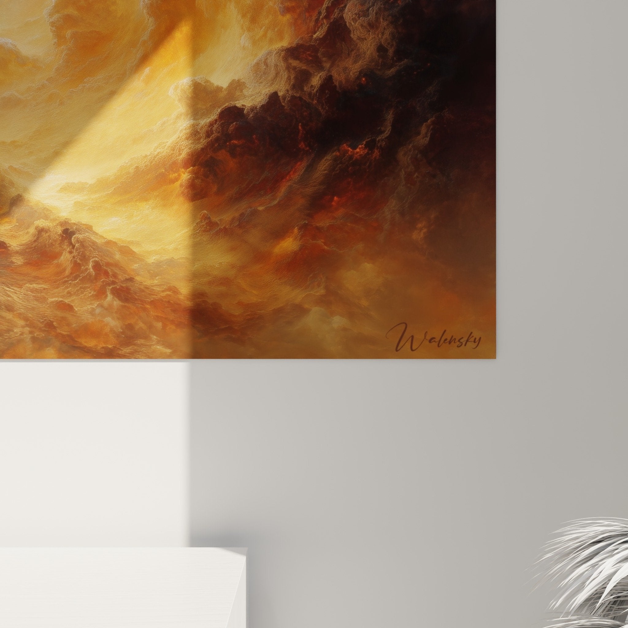 Vue d'ensemble tableau paysage orange doré salon déco feng shui sud feu ambiance chaleureuse mystique