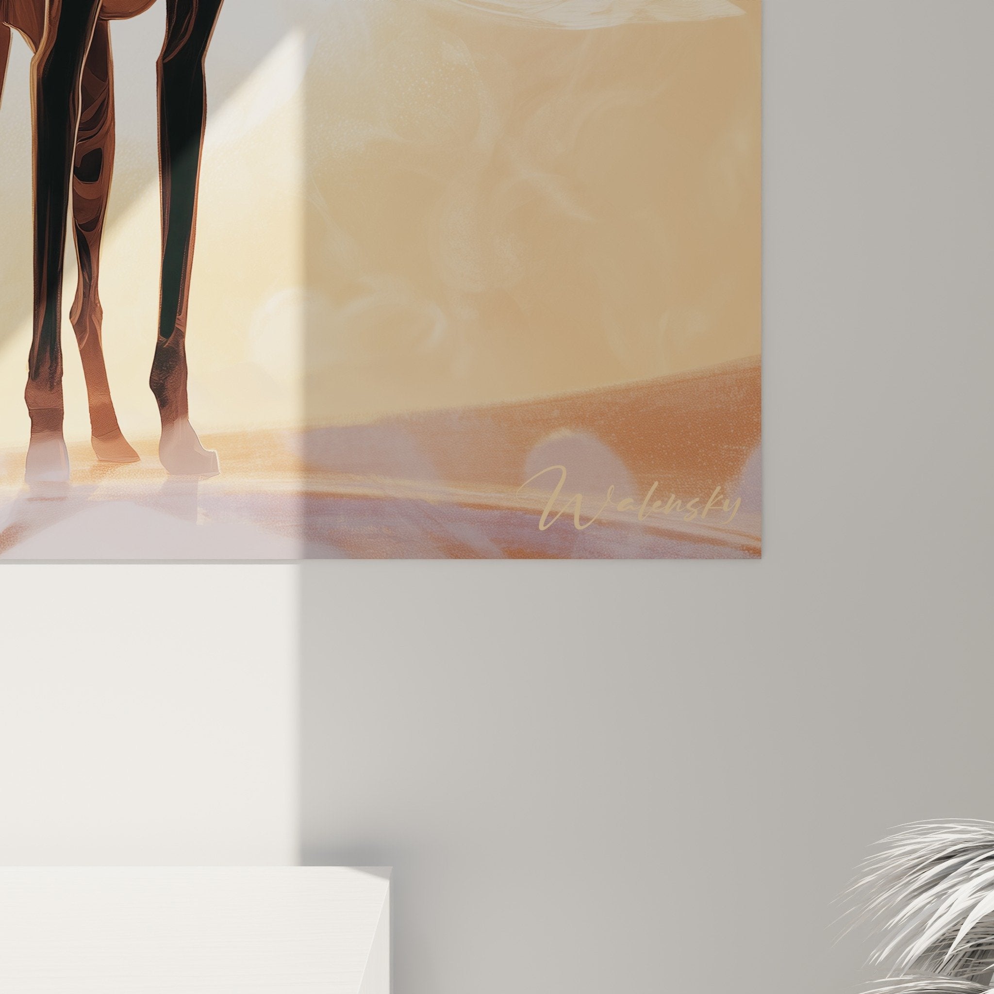 Vue d ensemble du tableau saluki aux tons chauds integre dans un interieur contemporain raffine