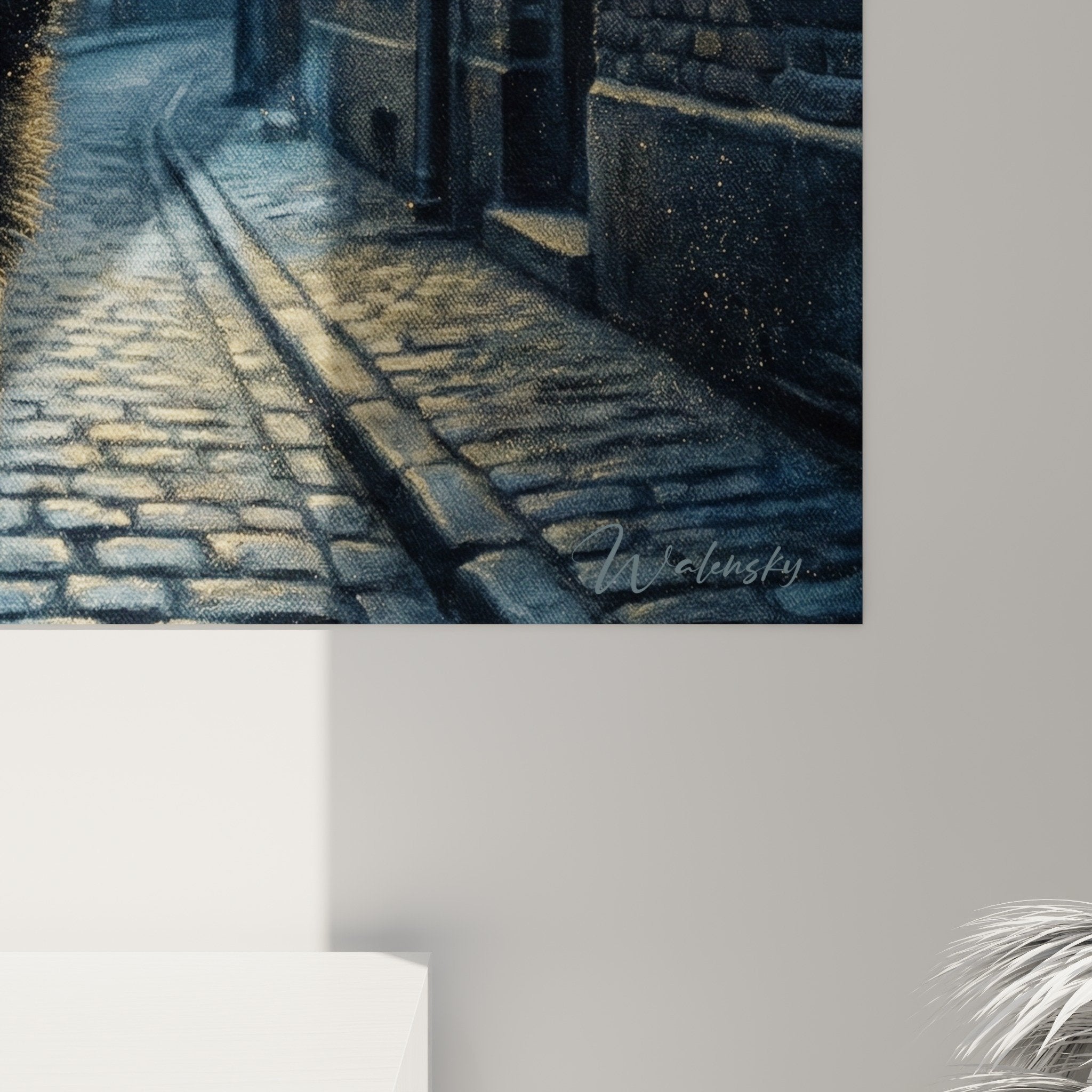 Vue d'ensemble tableau Schipperke dans venelle, composition artistique nocturne, décor mural élégant