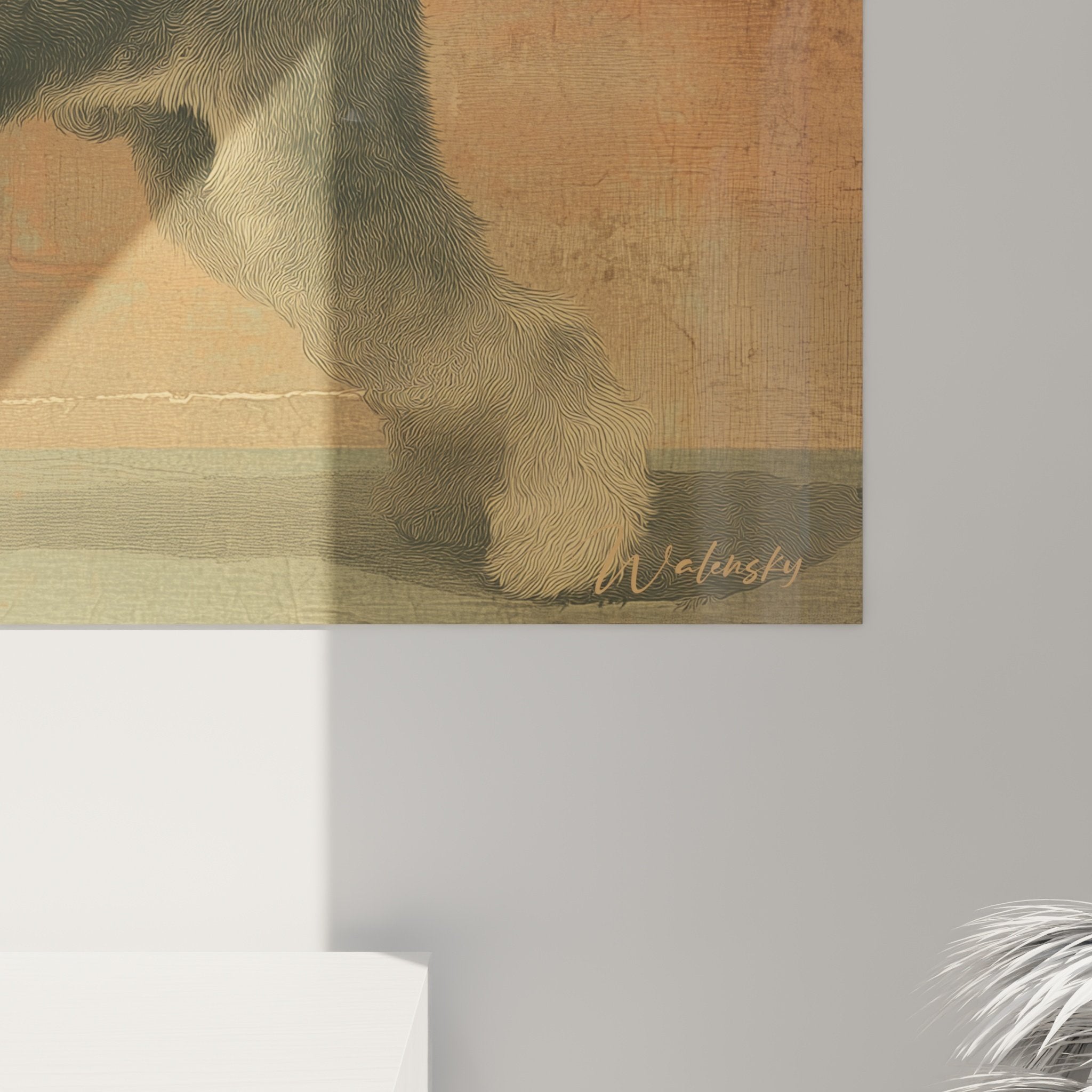 Vue d'ensemble du tableau Schnauzer dans un intérieur contemporain aux tons neutres et chaleureux