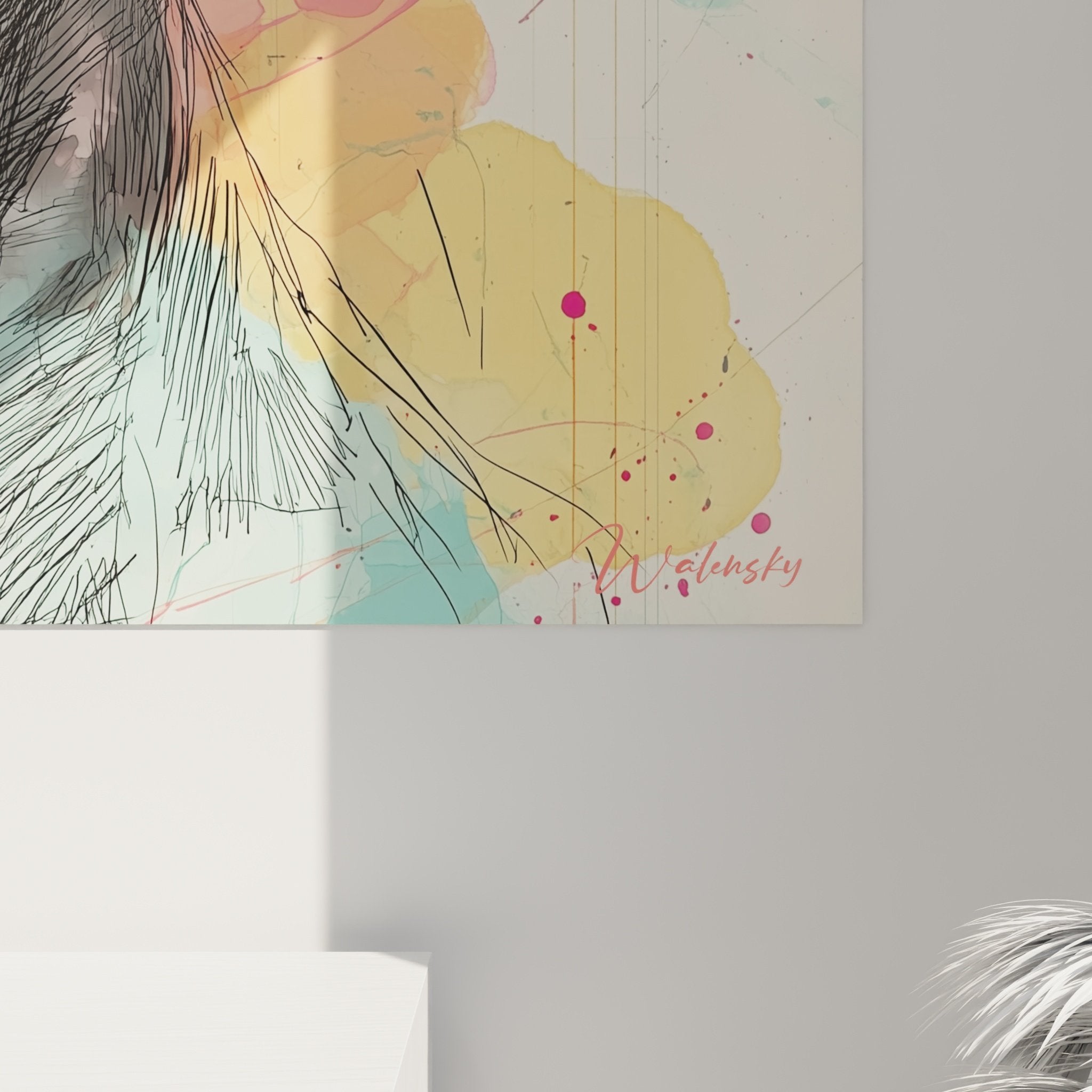 Gesamtansicht des Aquarell-Schnauzer-Gemäldes in einem hellen, zeitgenössischen Interieur