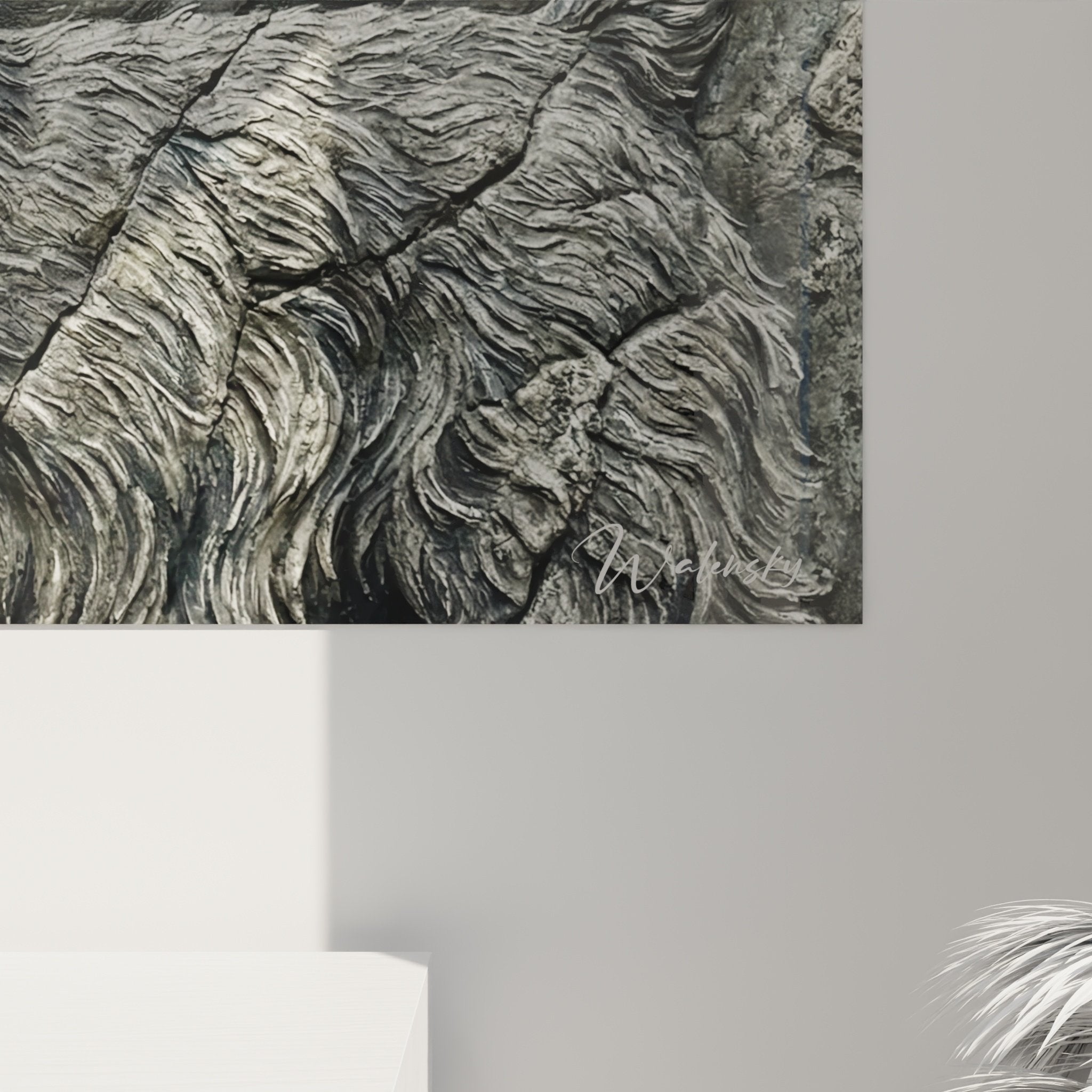 Vue d'ensemble tableau Scottish Terrier sur fond rocheux, camaïeu de gris, art décoratif élégant