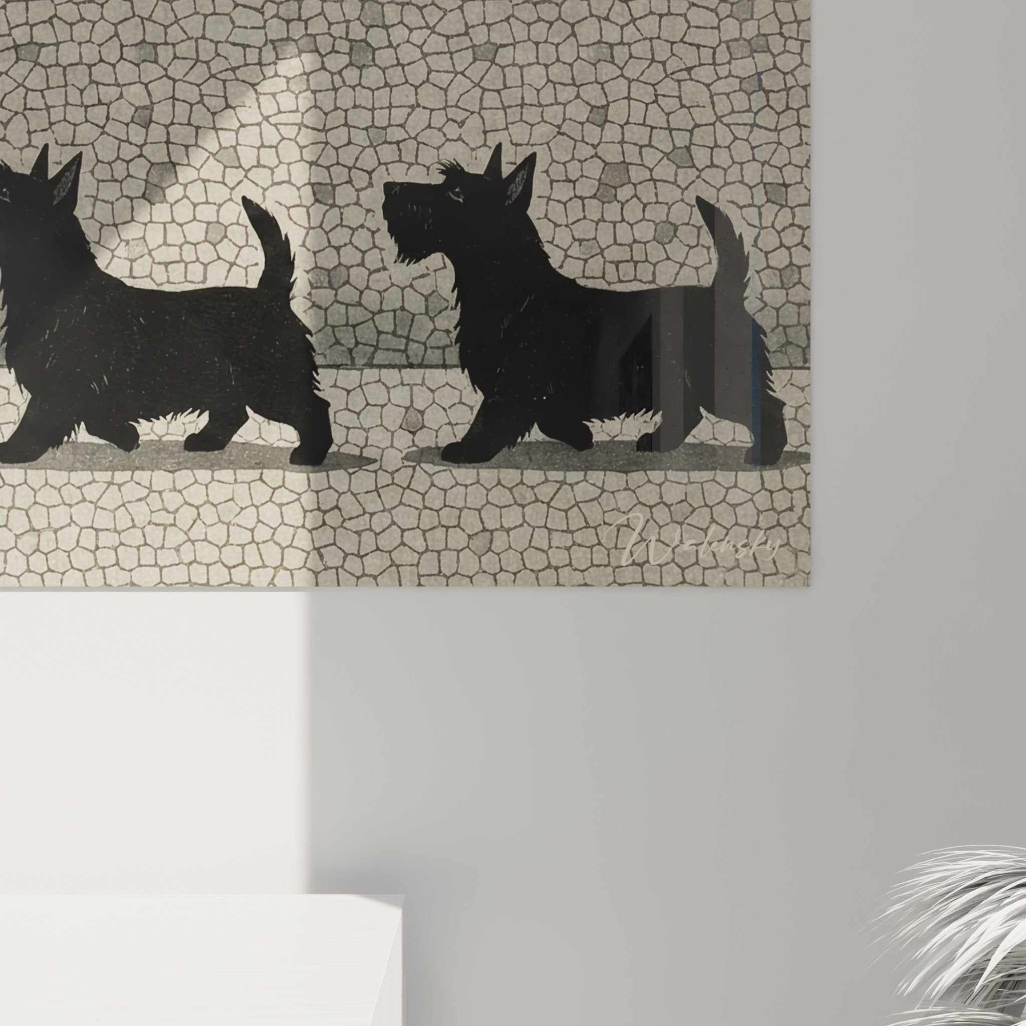 Vue d'ensemble tableau horizontal Scottish Terrier mosaïque beige noir décoration murale minimaliste