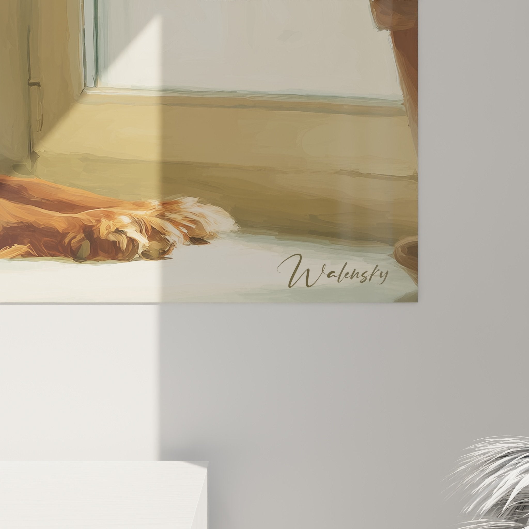 Vue ensemble tableau setter irlandais décoration murale chien contemplatif près fenêtre style réaliste