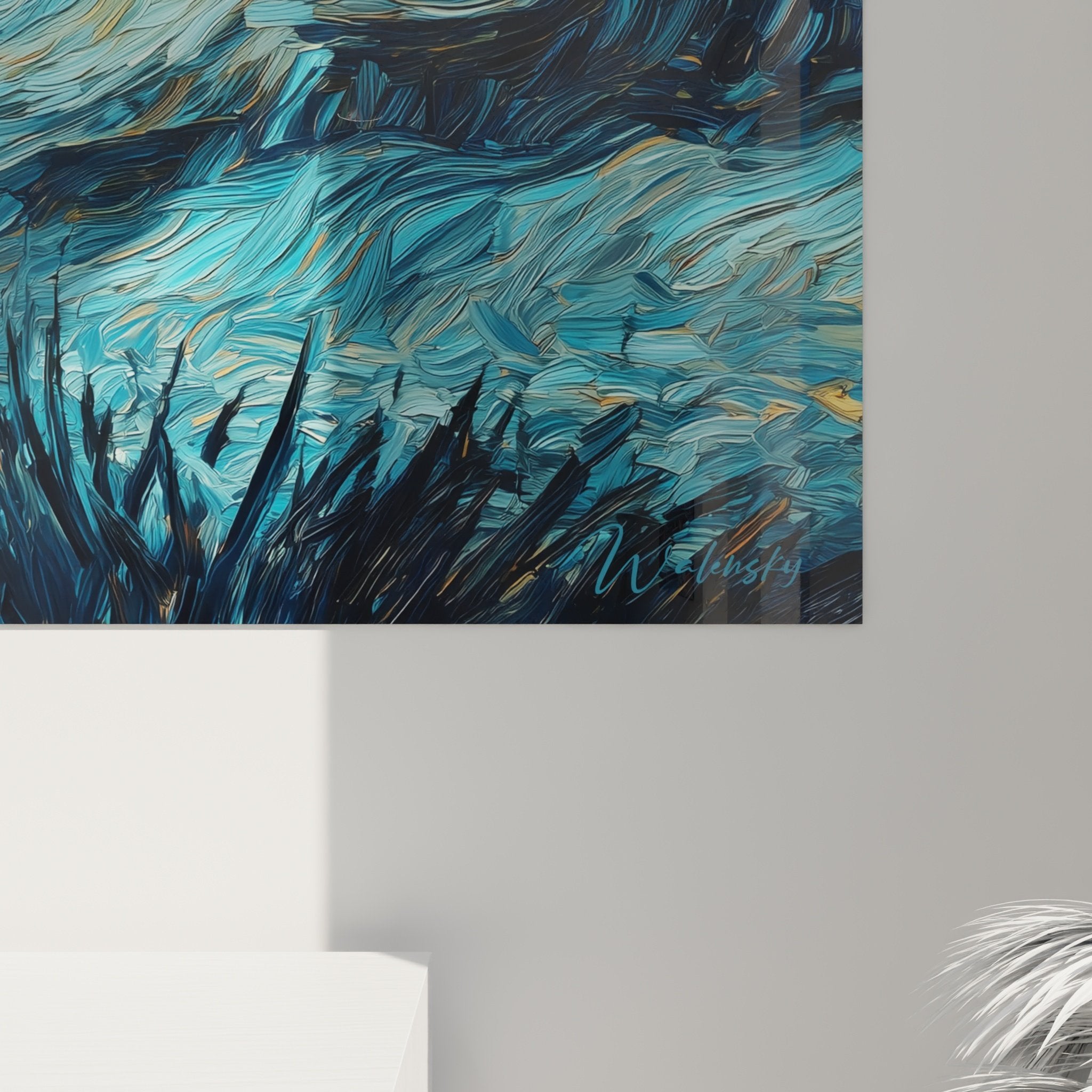 Vue d'ensemble tableau mural Shiba Inu contemplant nuit étoilée style artistique tourbillonnant bleu or