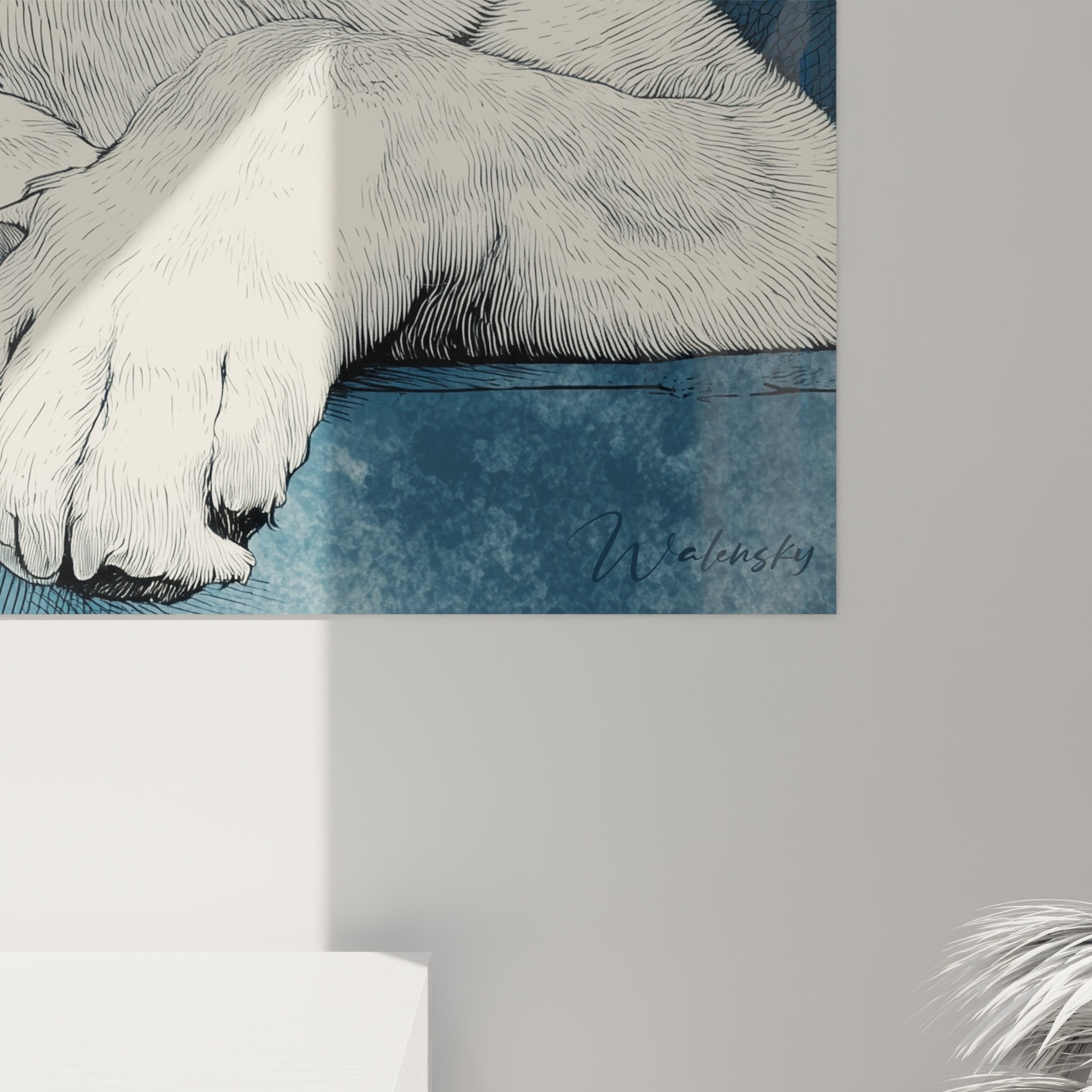 Vue d'ensemble tableau mural Shiba Inu gravure vintage sur fond bleu dans intérieur contemporain
