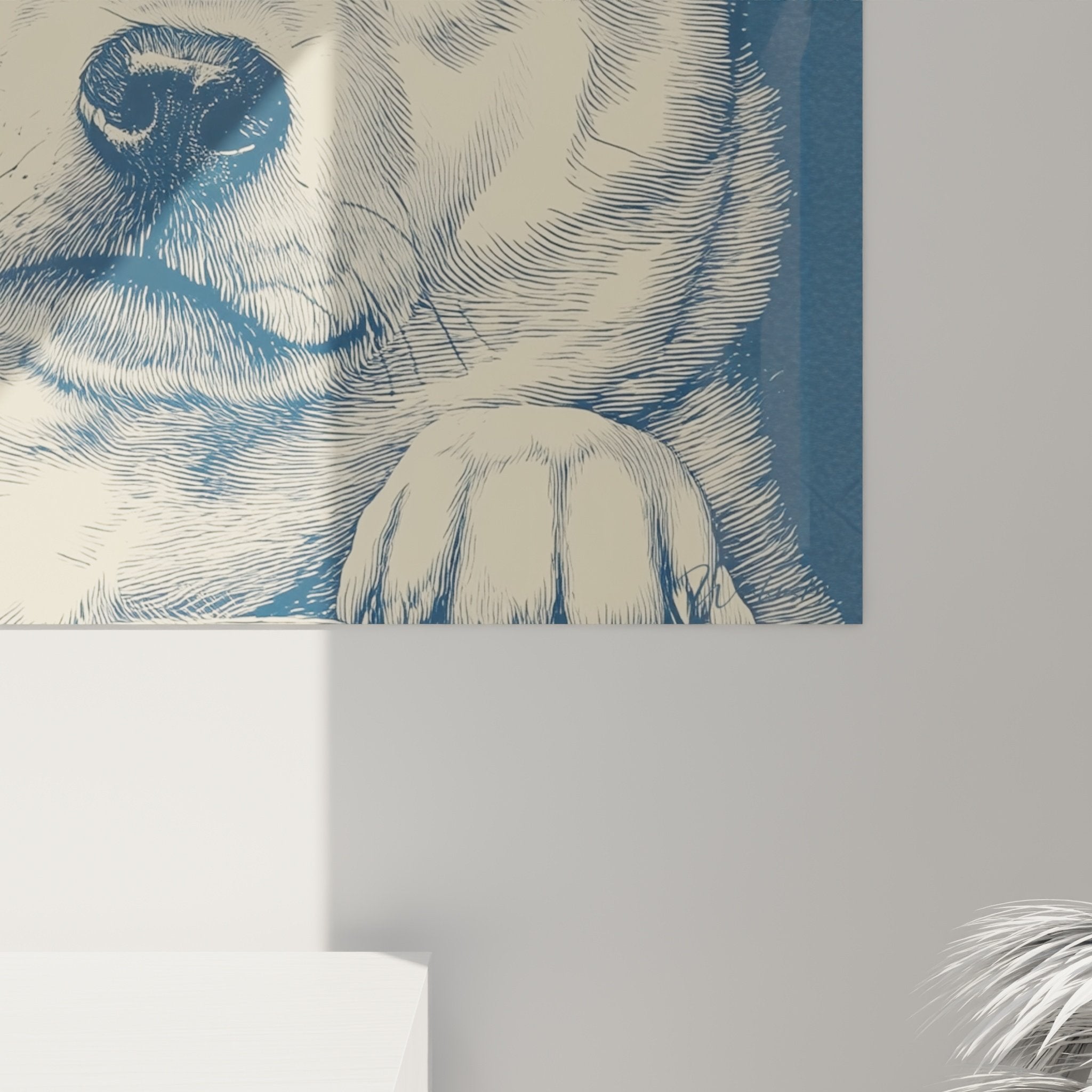Overview of Shiba Inu wall art, centered composition on blue background, elegant artistic rendering