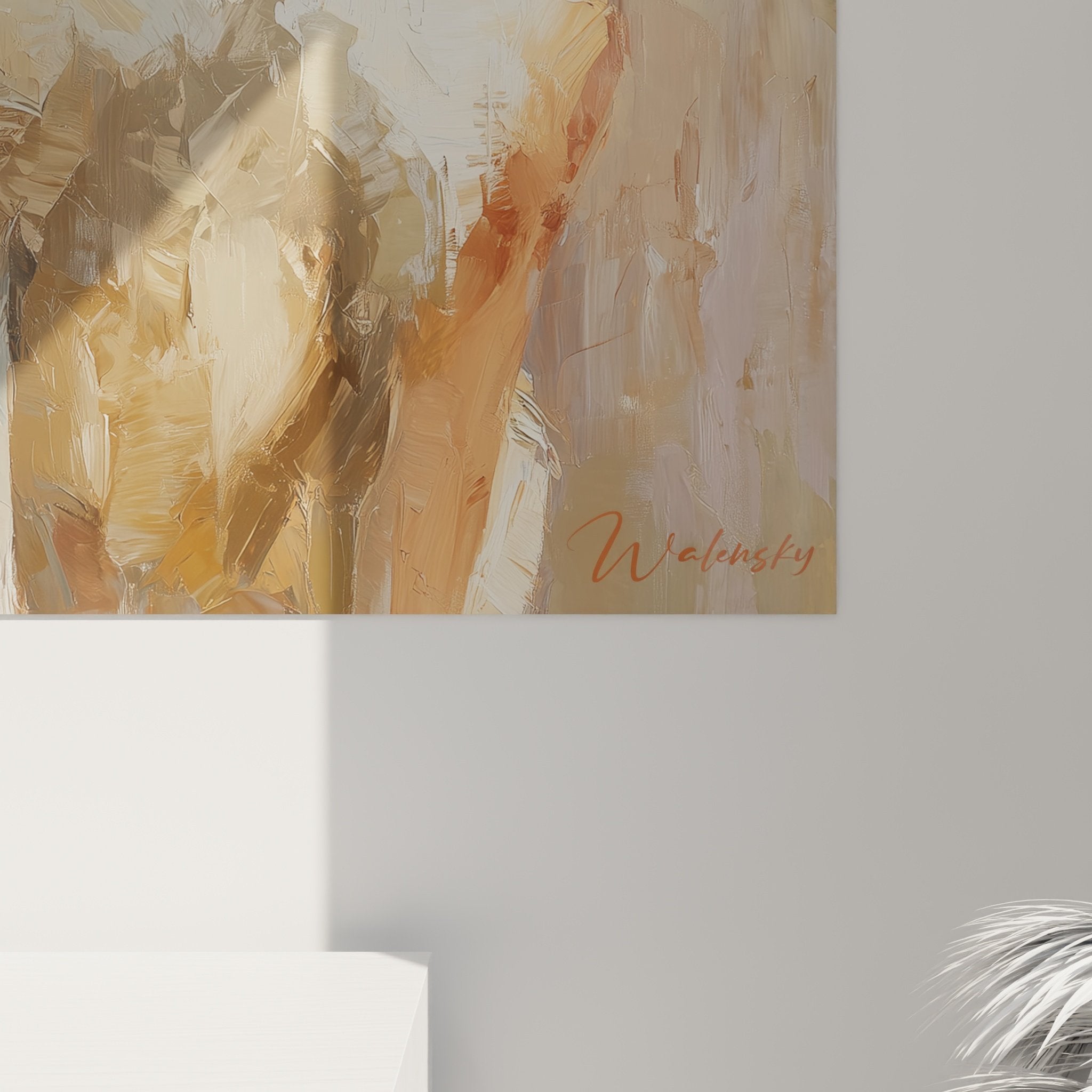 Vue d'ensemble du tableau portrait Shiba Inu fauve dans intérieur contemporain aux tons beiges et naturels