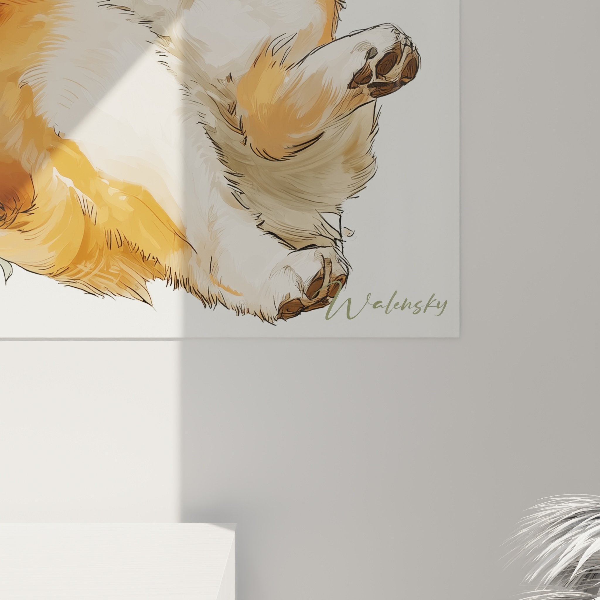 Overview expressive Shiba Inu wall art in blooming garden decorative modern animal artwork