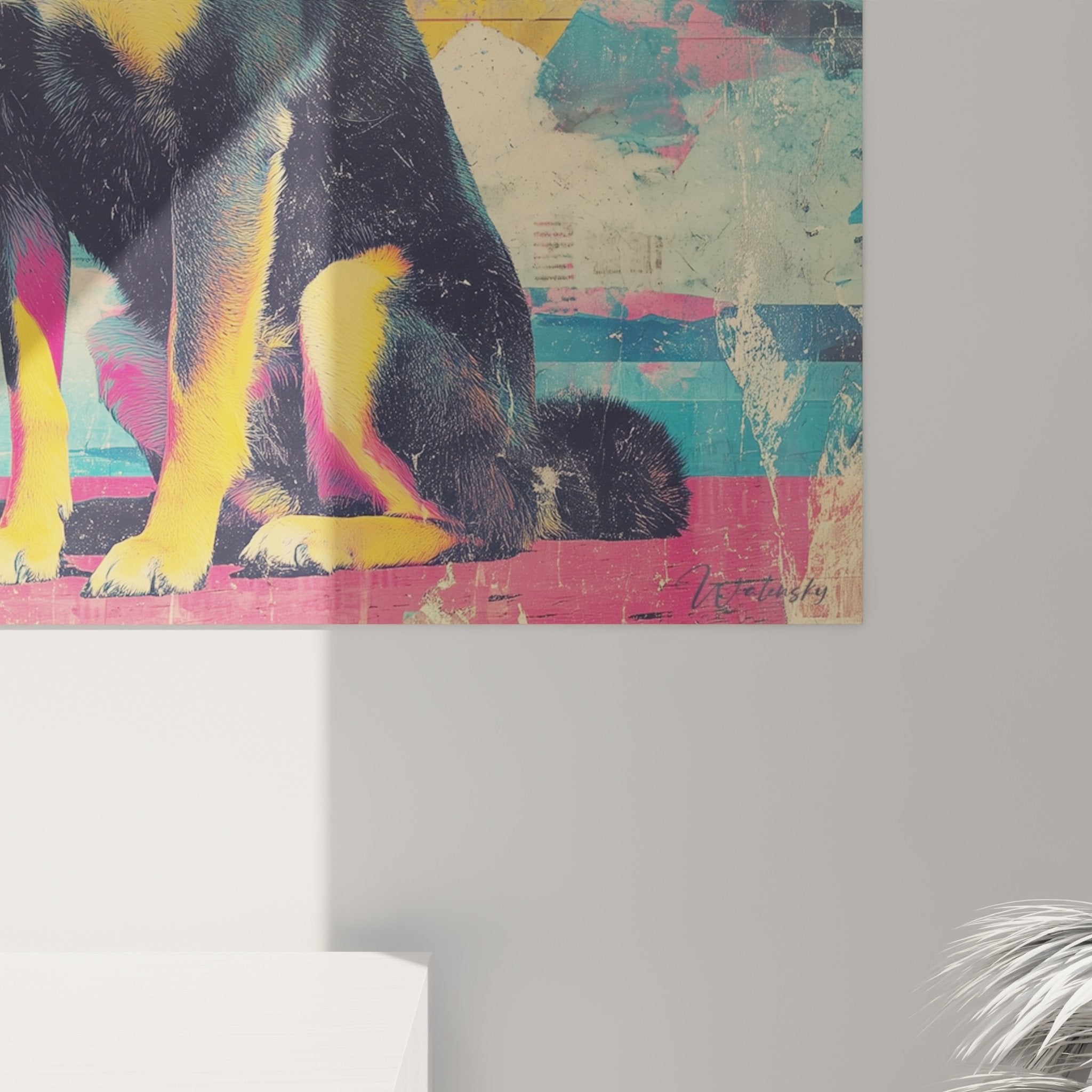 Übersichtsansicht Wandbild Shiba Inu Retro-Modern-Stil farbige Komposition goldener Kreis schwarze Vögel