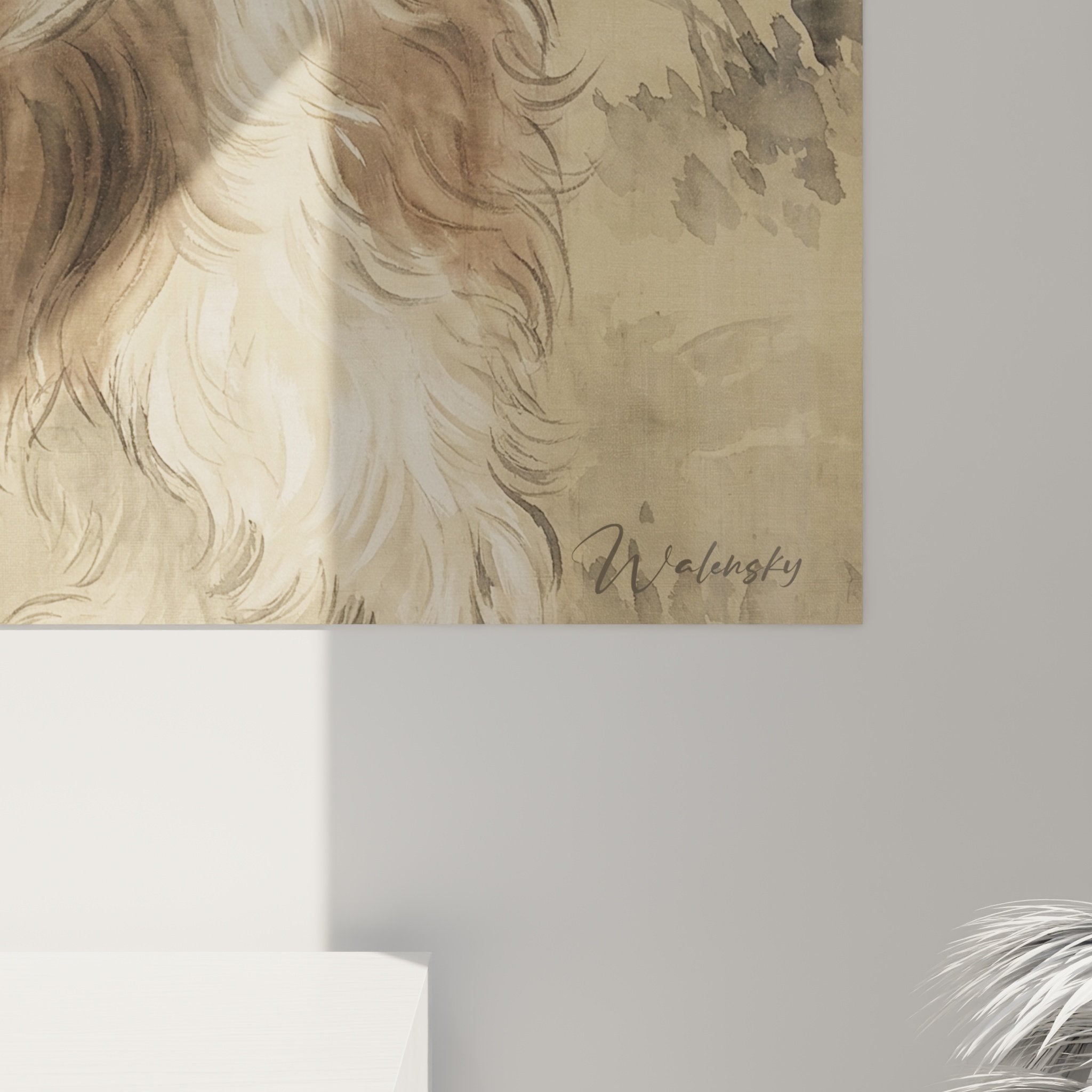 Vista complessiva quadro murale Shih Tzu beige seppia decorazione interiore stile orientale raffinato