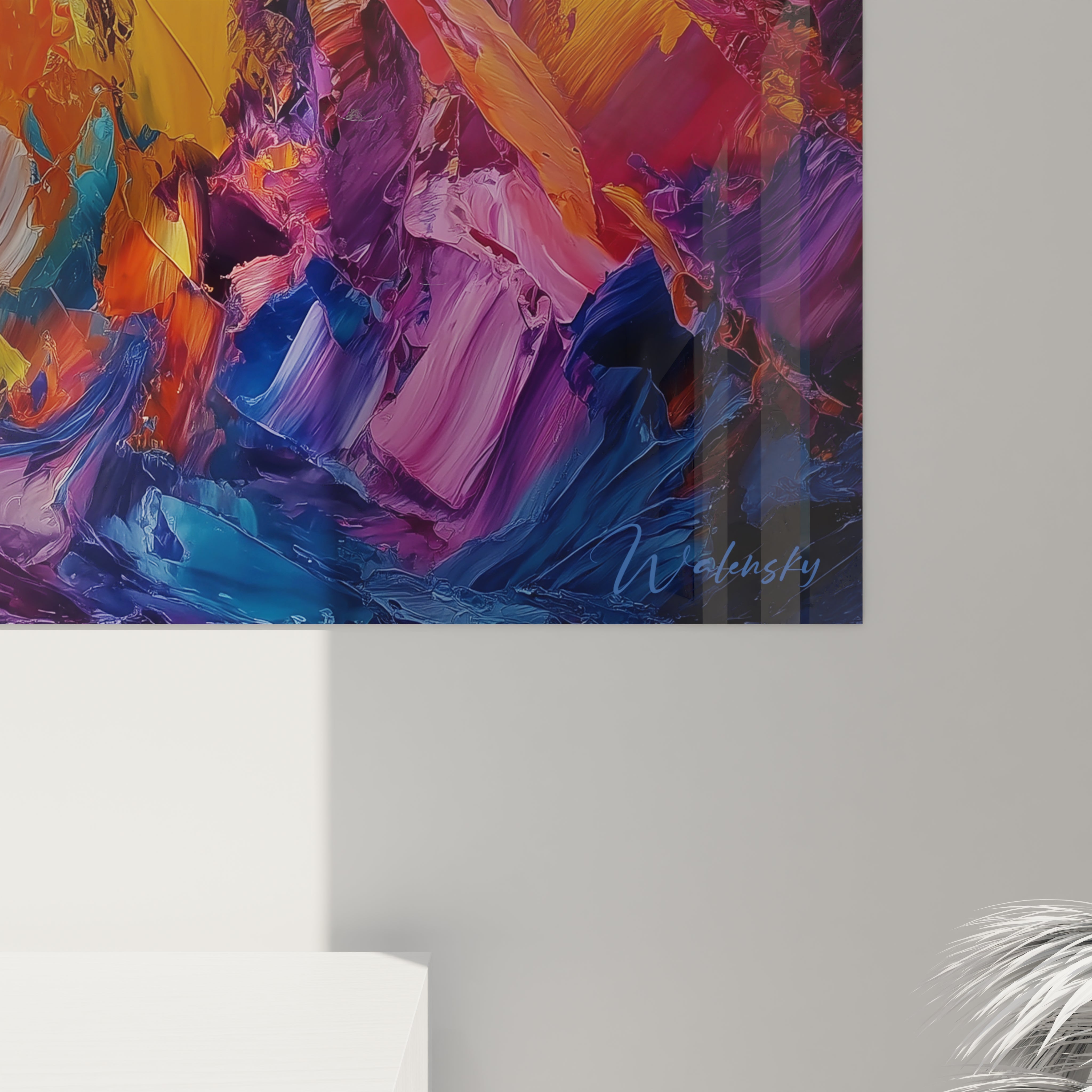 Vue ensemble tableau mural smilodon, art décoratif tigre préhistorique, peinture animalière contemporaine