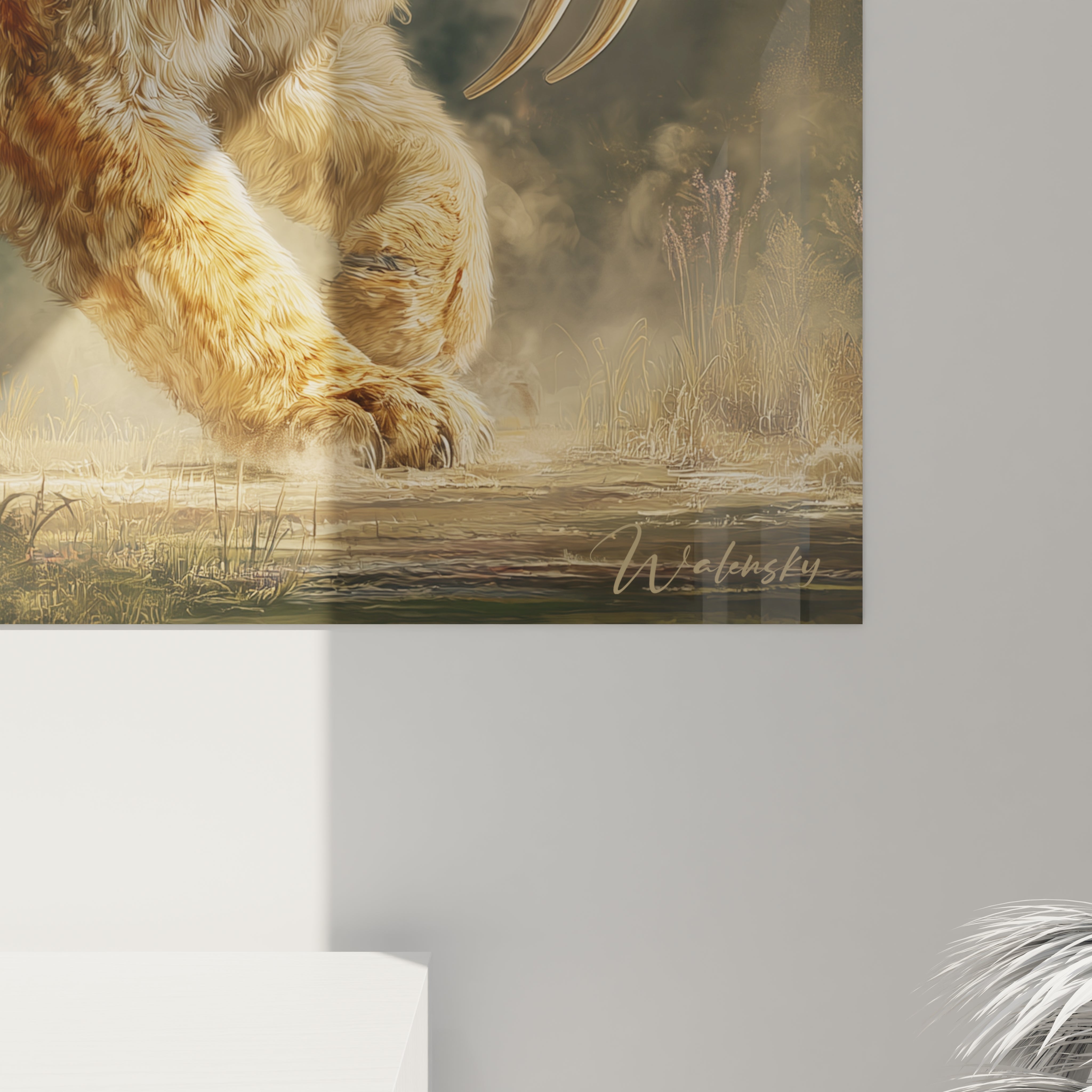 Vue ensemble tableau mural smilodon action, œuvre art préhistorique décorative tigre dents sabre