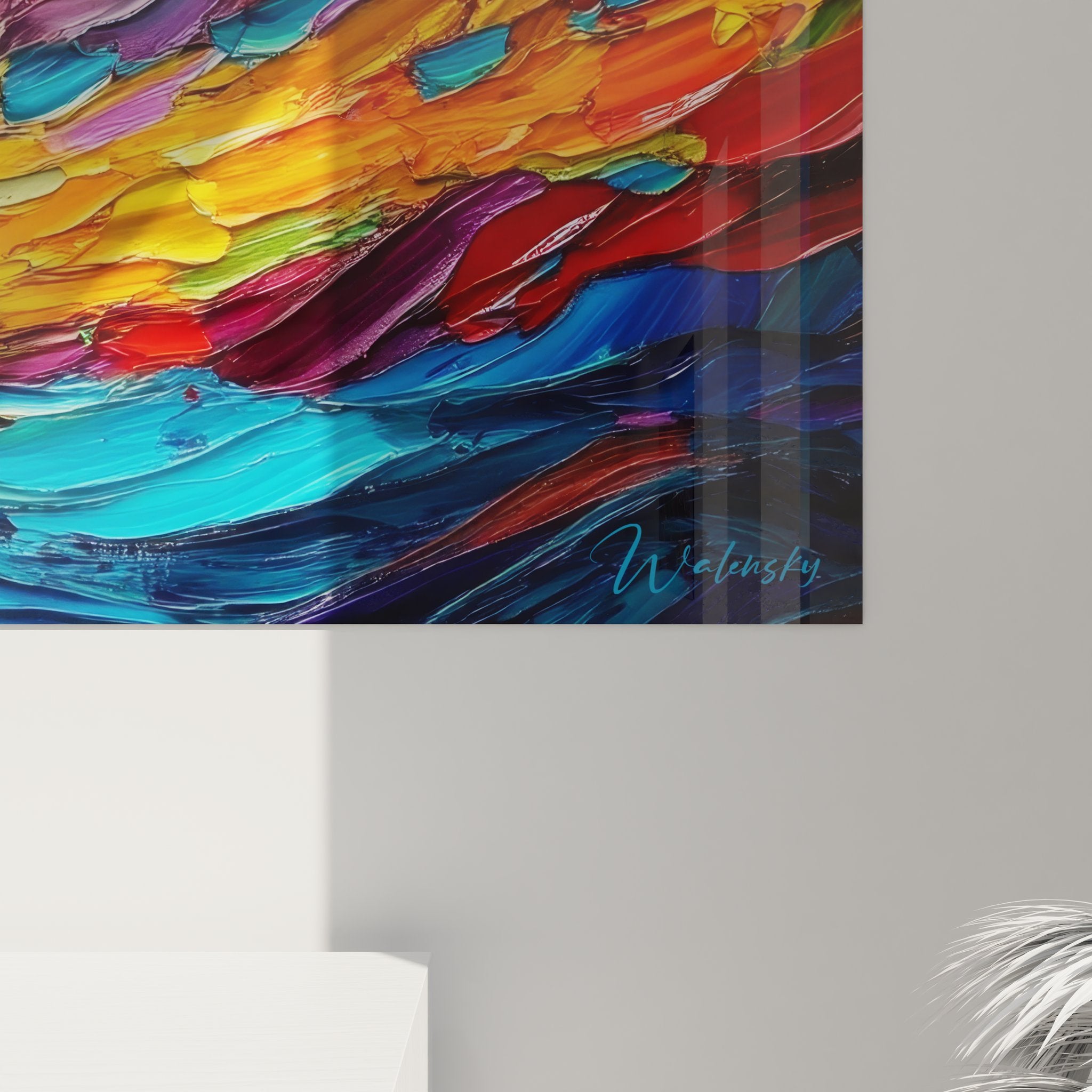 Vue ensemble tableau spirale abstrait soleil couchant art mural décoratif couleurs chaudes froides