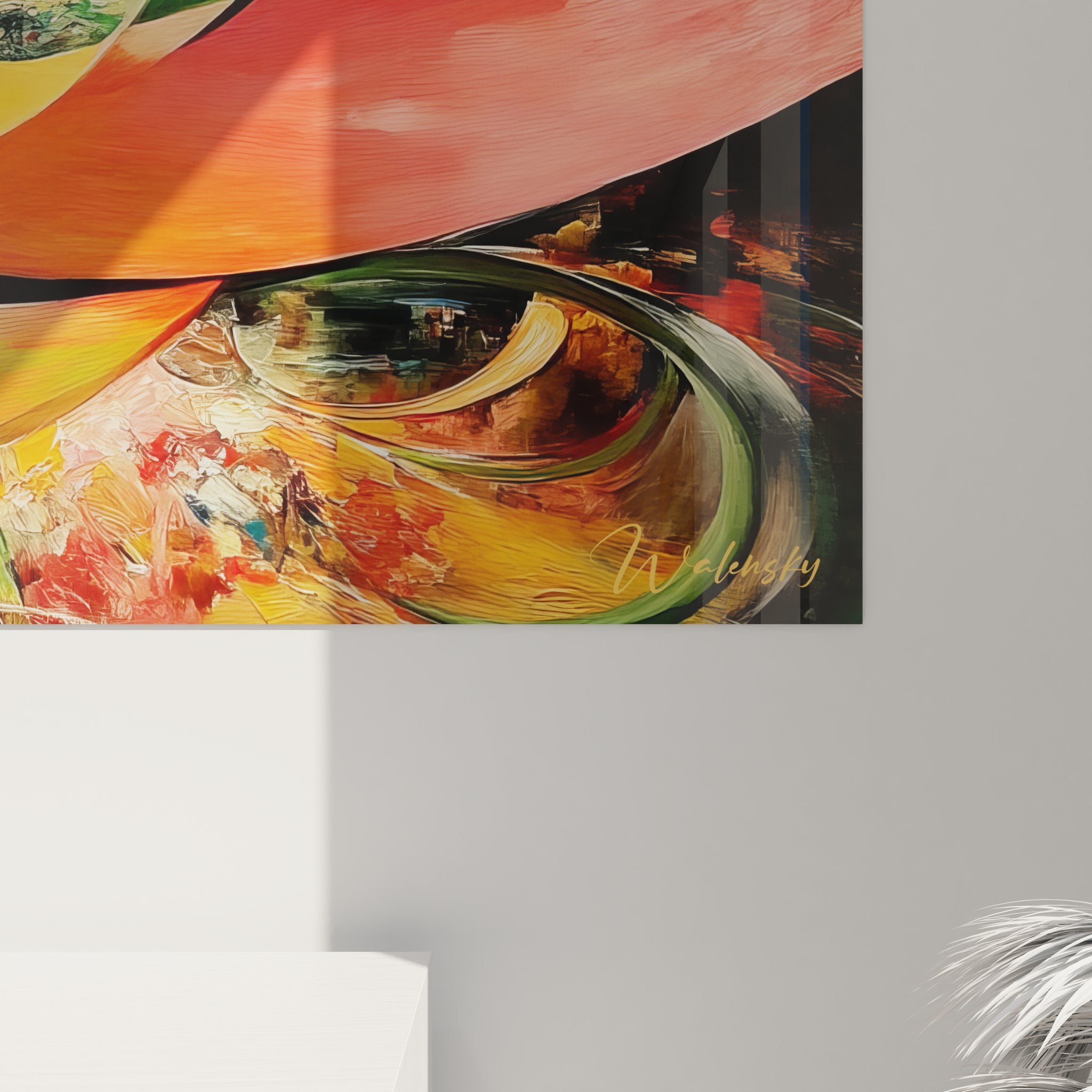 Vue ensemble tableau spirale abstrait rouge orange composition complète art mural moderne