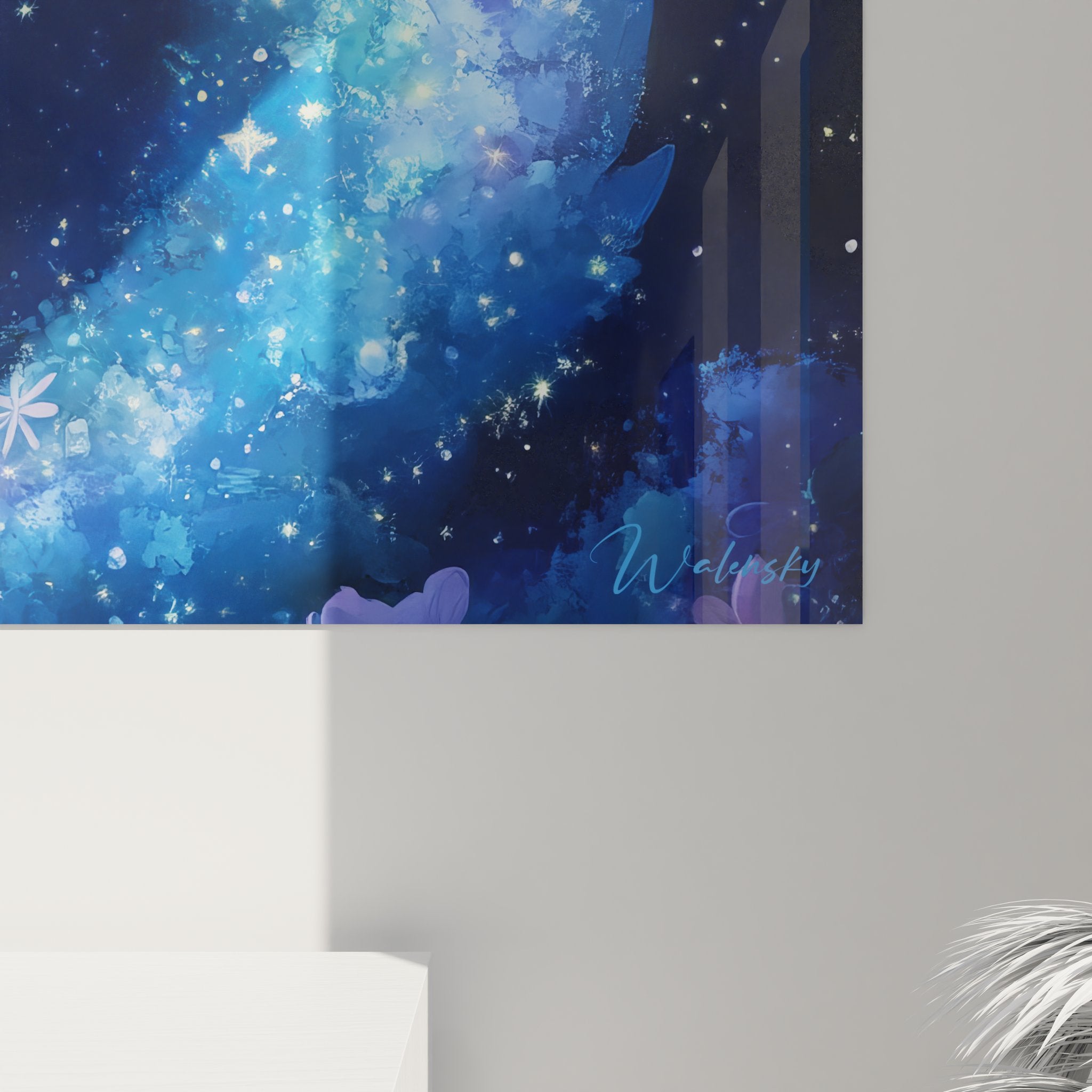 Vue ensemble tableau spirale abstraite cosmique aux tons bleus dans intérieur contemporain