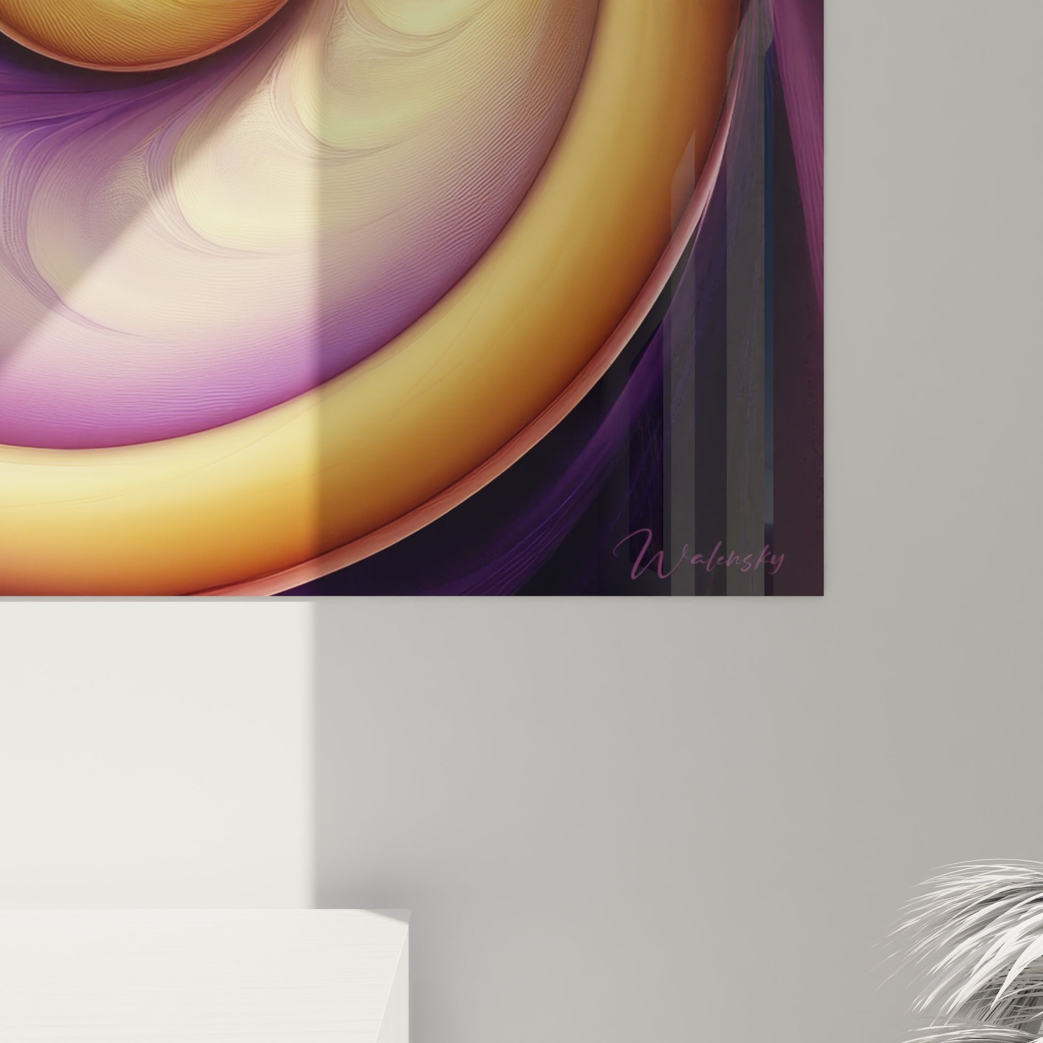 Vue d'ensemble tableau spirale abstraite dorée pourpre, art mural contemporain aux dimensions parfaites