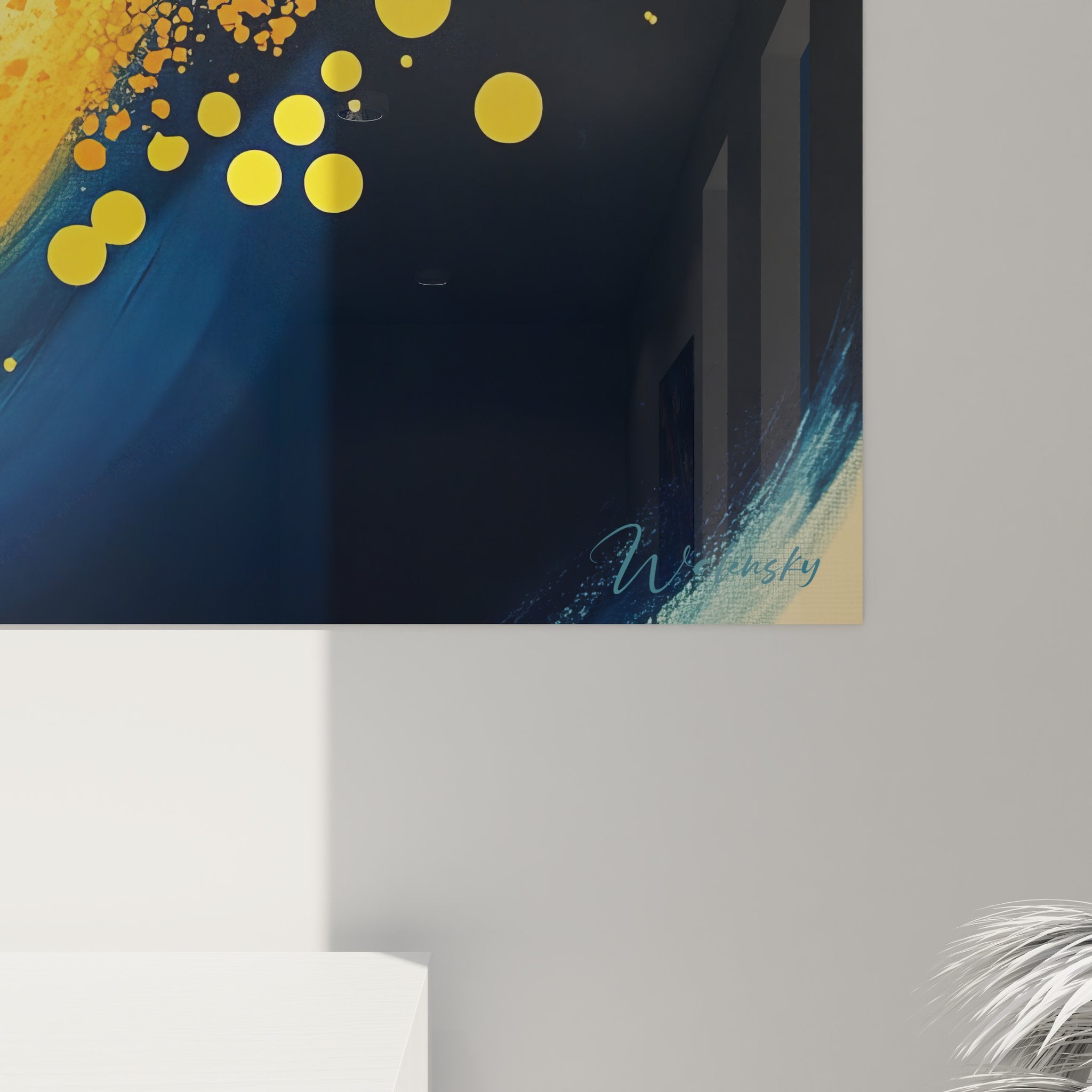 Vue d'ensemble tableau spirale abstraite bleue dorée décoration murale